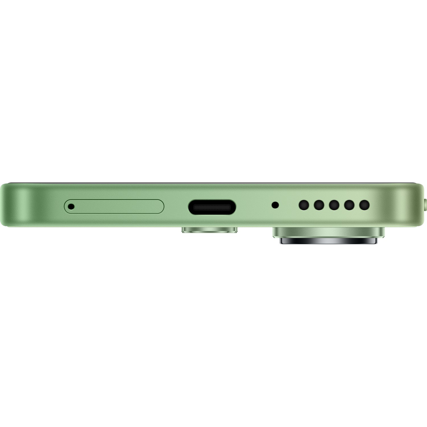 Groene smartphone onderkant met camera en oplaadpoort.