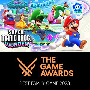 Super Mario Bros. Wonder Logo. Mario und Luigi sind Charaktere. The Game Awards Best Family Game 2023.