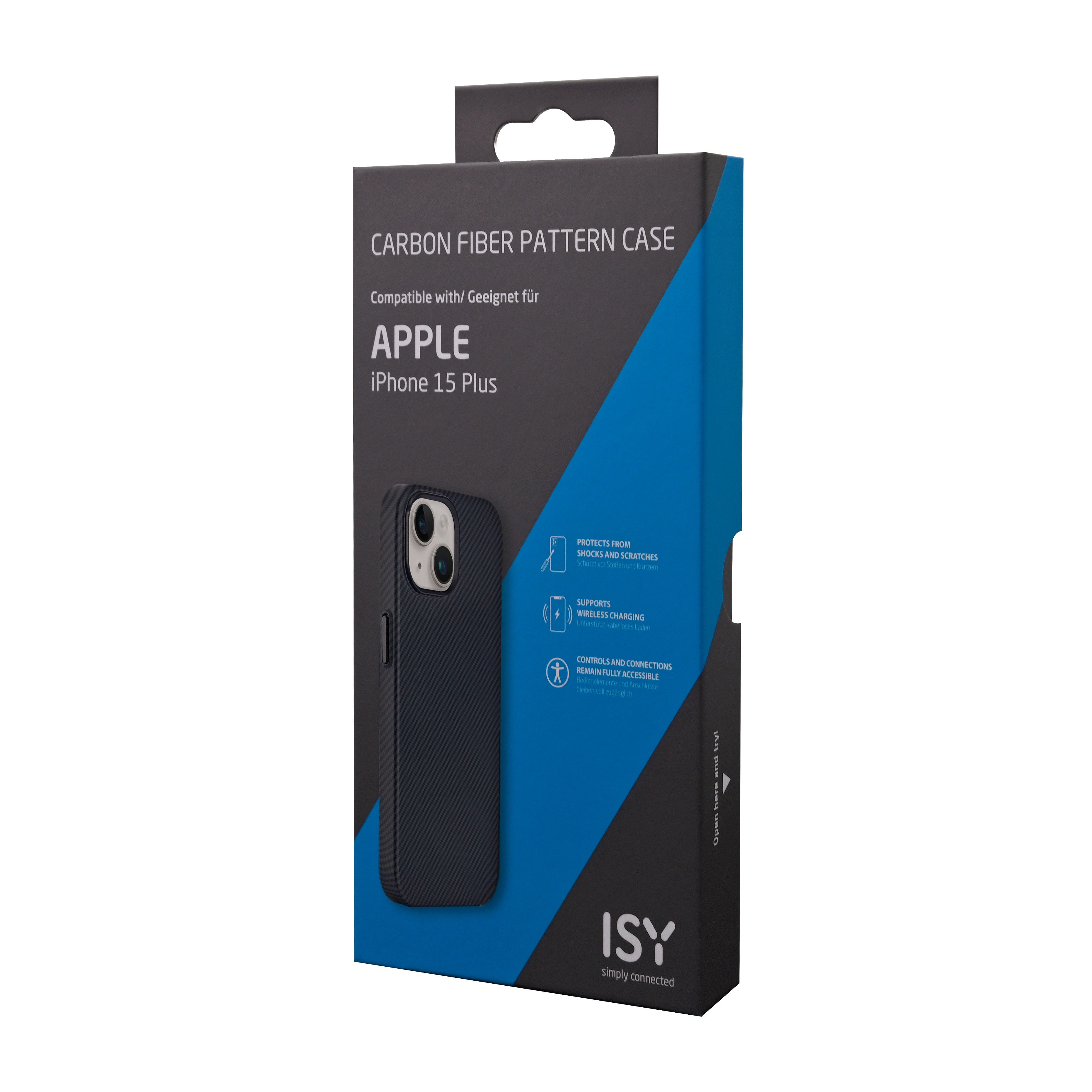 iPhone 15 Plus Hülle in einer Box. Schwarze Hülle gezeigt. Text auf der Box auf Englisch und Deutsch.
