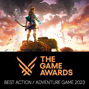 Das Logo der Game Awards 2023 mit einem Bild einer weiblichen Figur auf einer felsigen Landschaft.