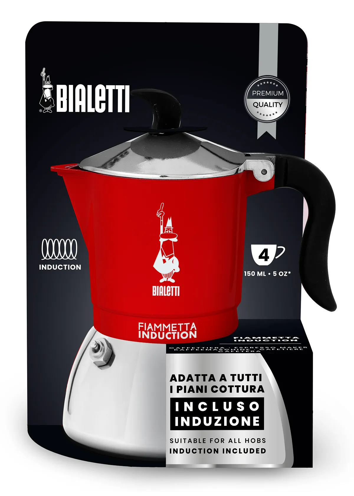 Piros Bialetti Moka kávéfőző a dobozában, használati utasítással, minden tűzhelyhez.