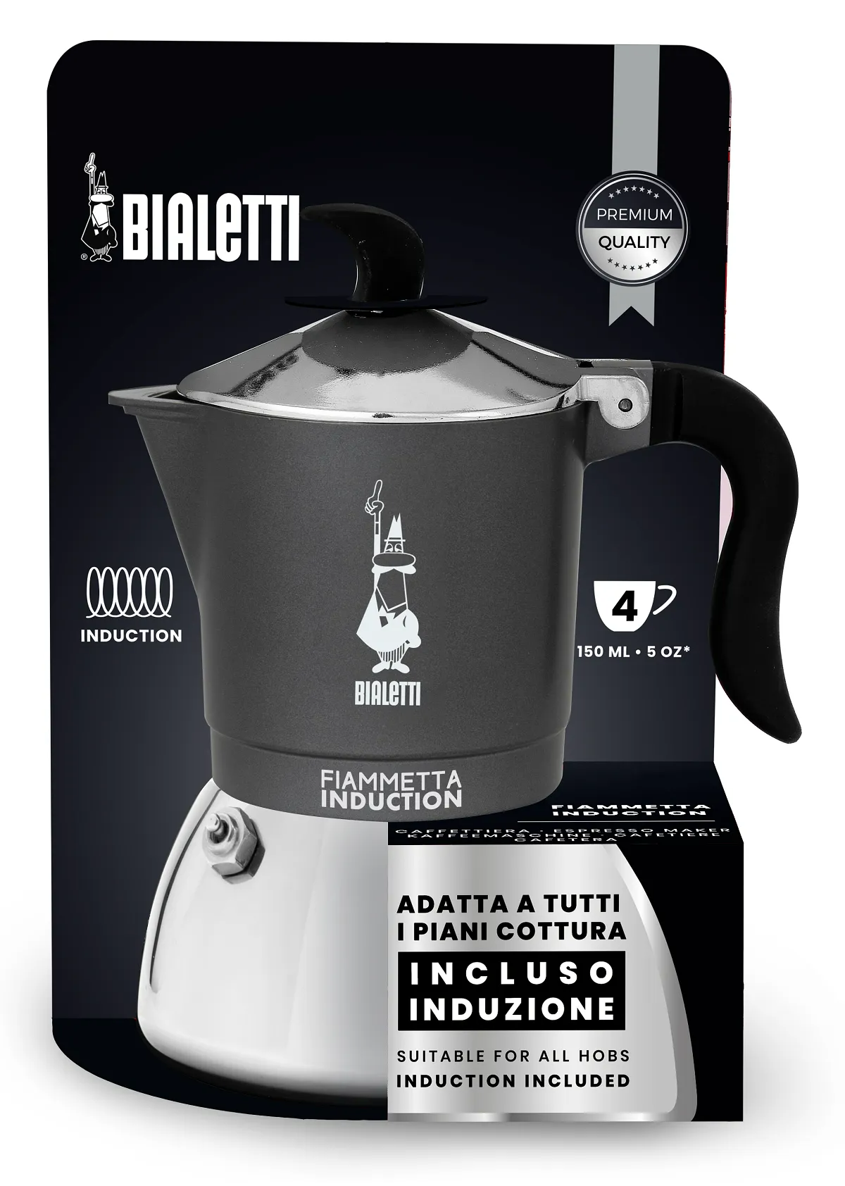 Fekete-ezüst Bialetti kávéfőző fekete-szürke márkás dobozon, indukciós szimbólummal.