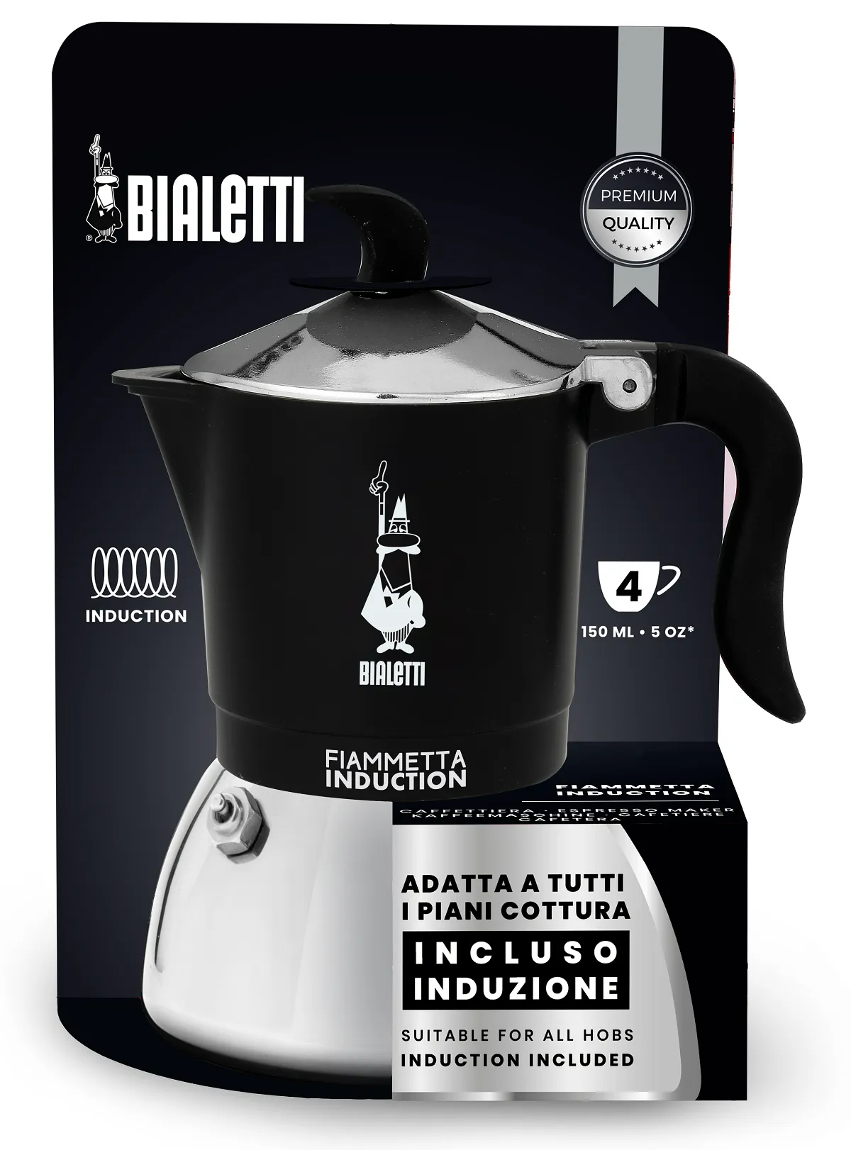 Fekete-ezüst Bialetti kotyogós kávéfőző fekete háttéren. A csomagolás termékadatokat mutat.