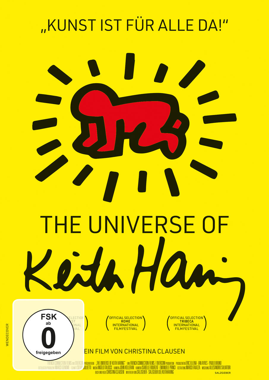 Poster des Films 'The Universe of Keith Haring'. Rotes Krabbelbaby-Icon und gelber Hintergrund.