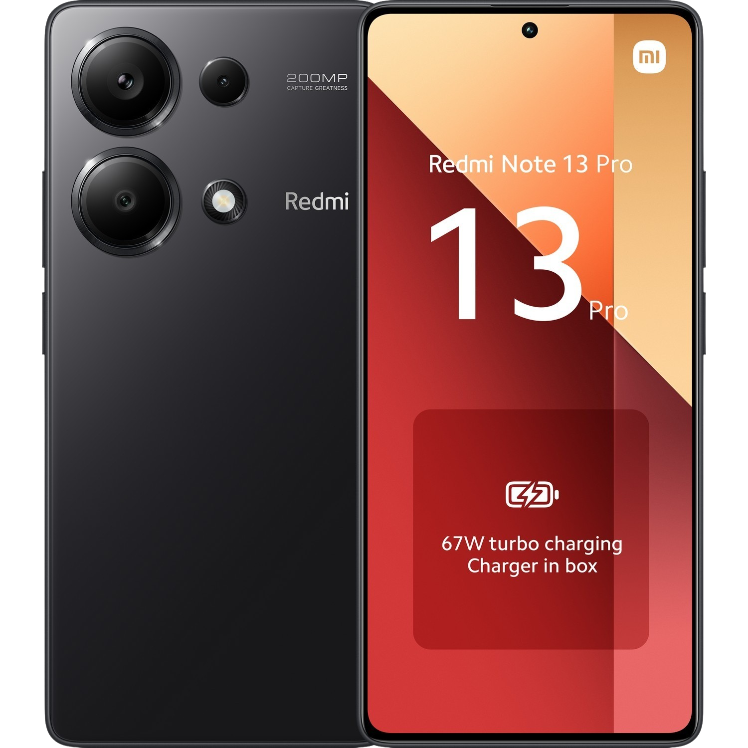 Zwarte smartphone met een camera en een scherm met informatie. De telefoon staat op een witte achtergrond.