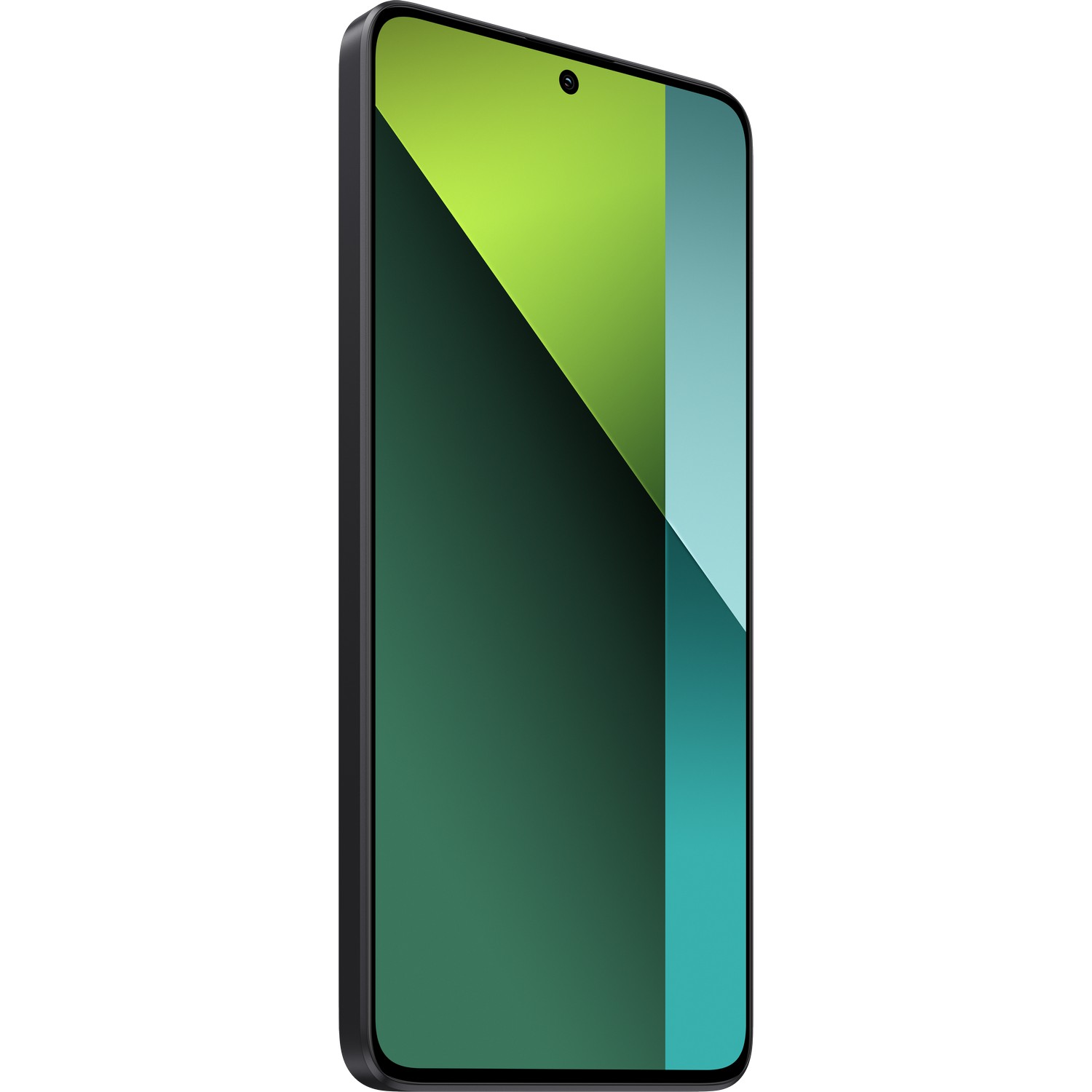 Een smartphone met een groen en blauwgroen verloop op het scherm, in een zwart frame, gezien van opzij.