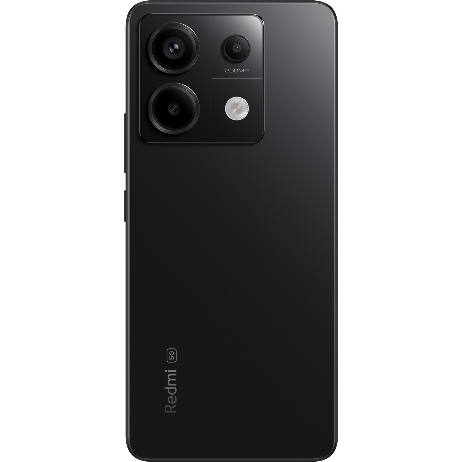 Zwarte Redmi 5G telefoon. Achterkant met drie cameralenzen en flits, Redmi logo onderaan.