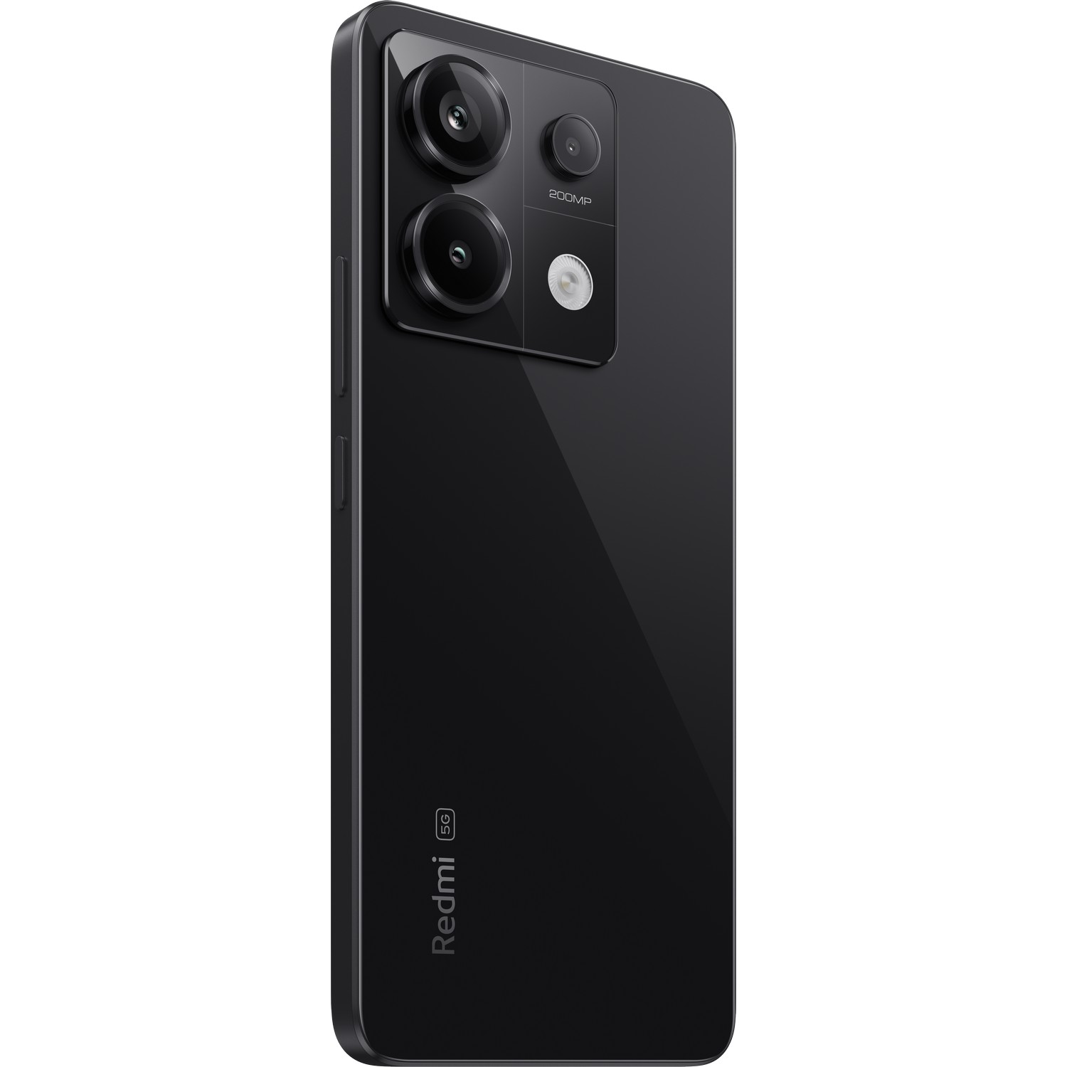 De achterkant van een zwarte Redmi-telefoon met drie camera's en de tekst '200MP' en 'Redmi 5G'.