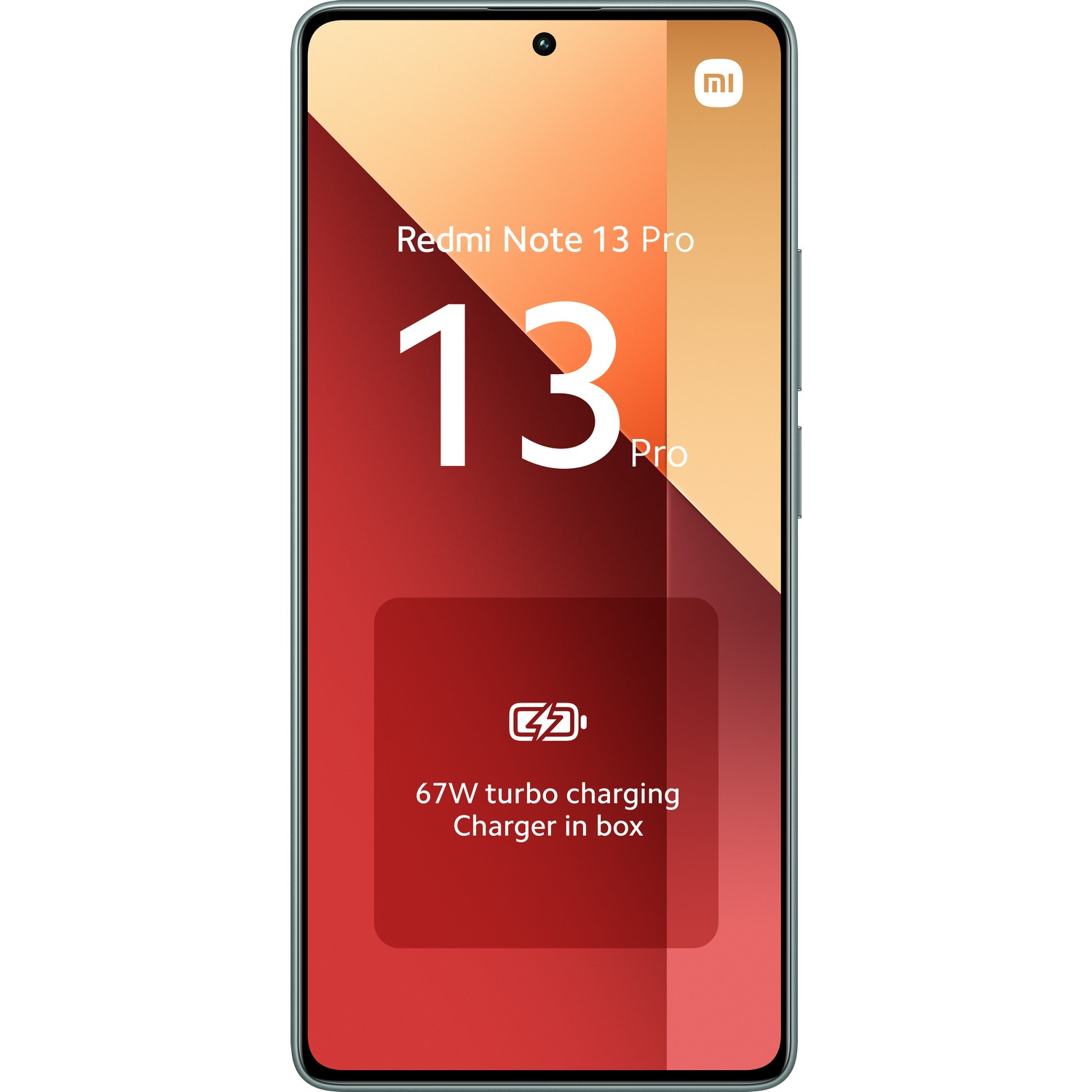 Redmi Note 13 Pro telefoon, met scherm dat telefoonfuncties toont, op een rode achtergrond.