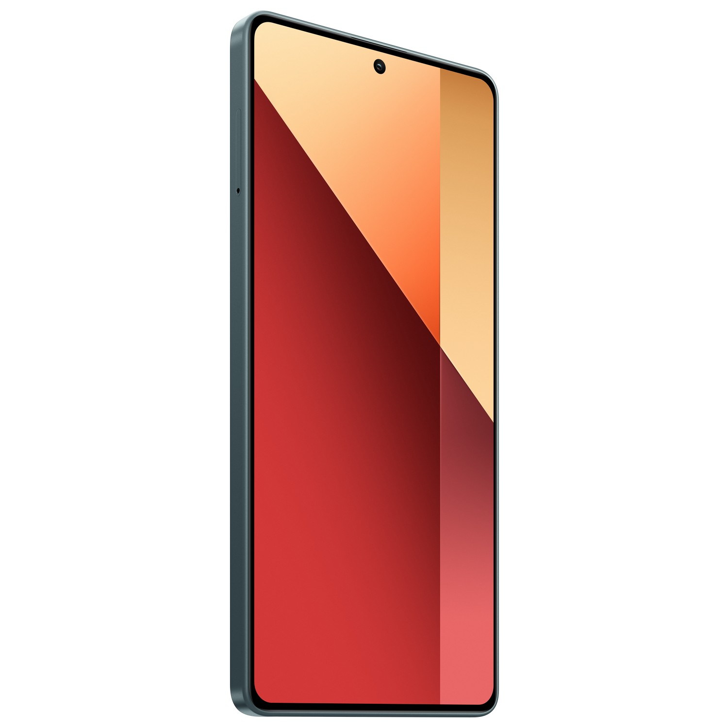 Een mobiele telefoon met een rood en oranje display, schuine weergave.