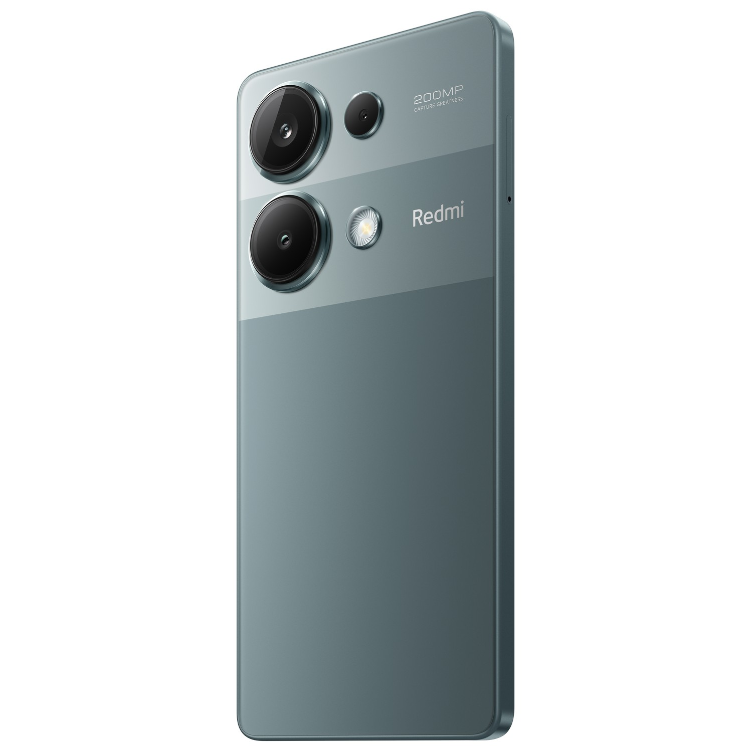 Achteraanzicht van een grijze telefoon met drie cameralenzen, het Redmi-logo en tekst.