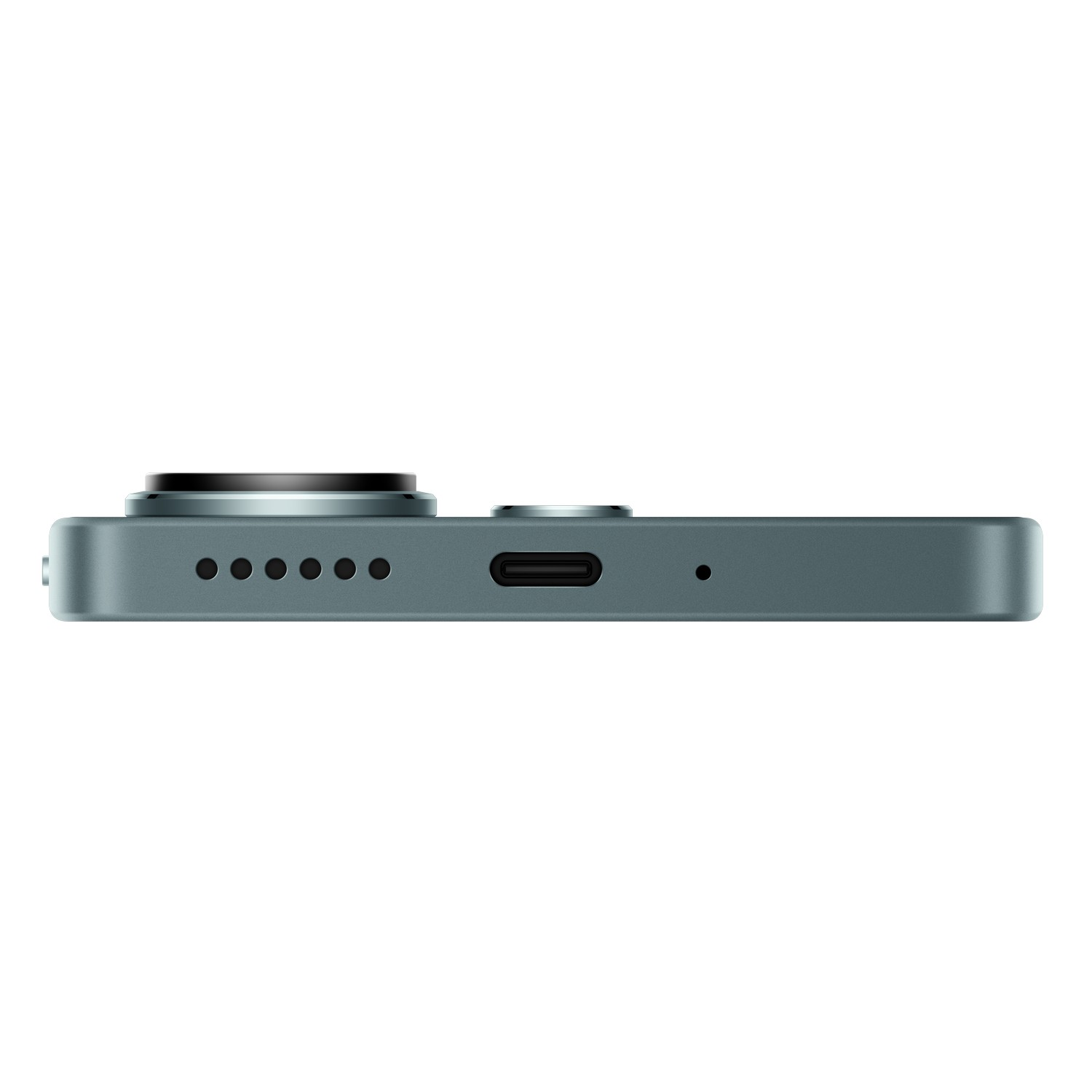 Zijaanzicht van een telefoon. Cameralens, knoppen en USB-C poort.