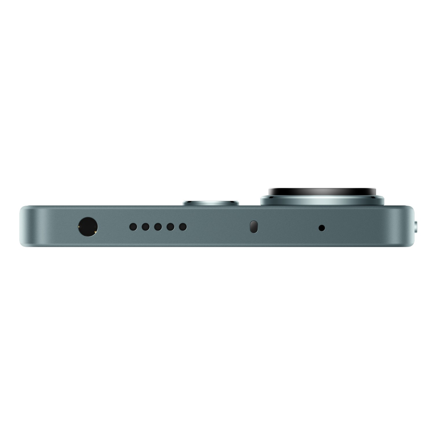 Zijaanzicht van een smartphone met cameralenzen, knoppen en poorten.