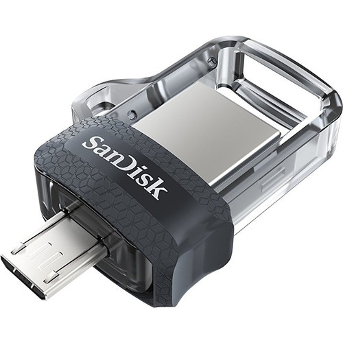 Siyah ve şeffaf USB sürücü, SanDisk logosu görünür. Beyaz arka plan.