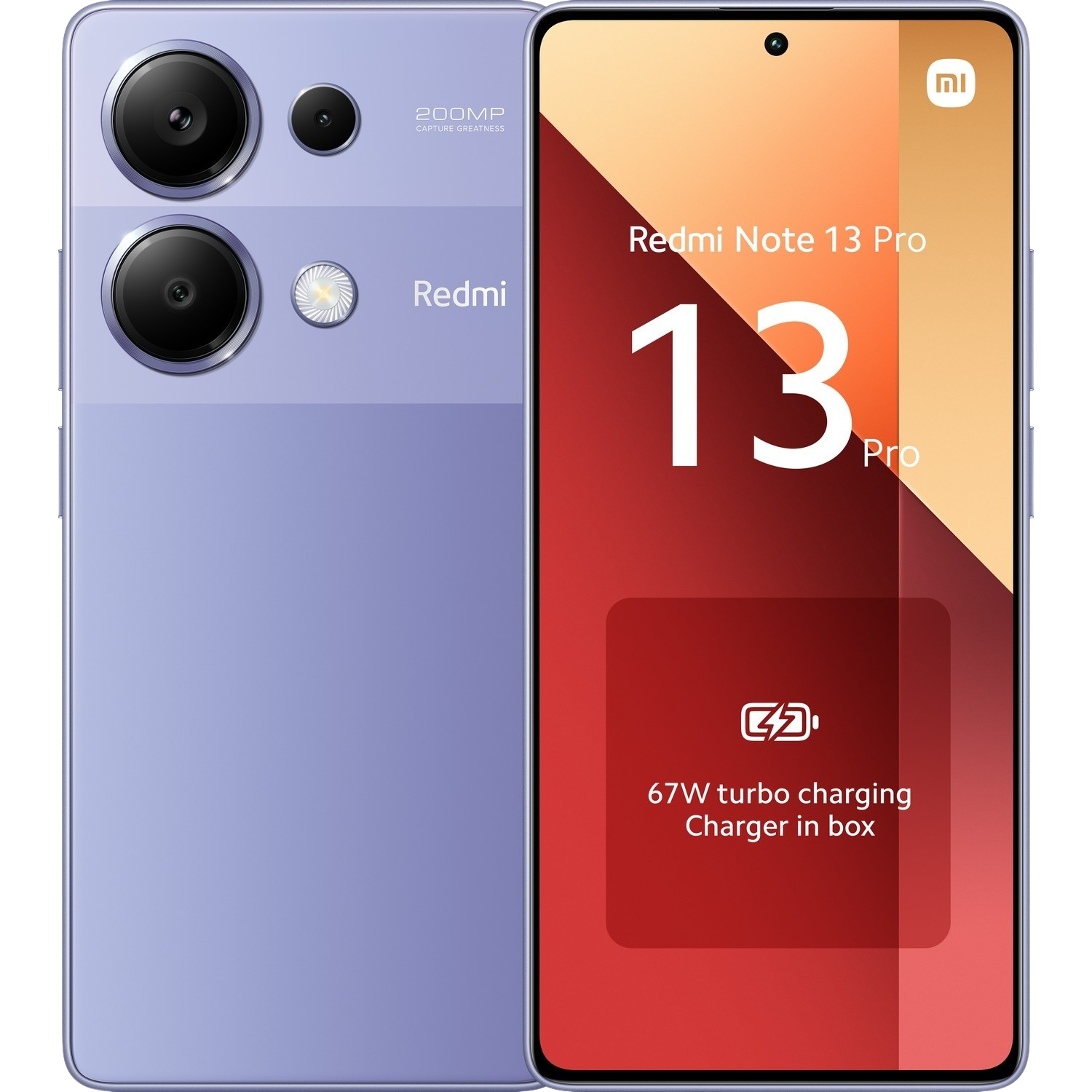 Redmi Note 13 Pro telefoon, voor- en achterkant tonend, met een oplader.