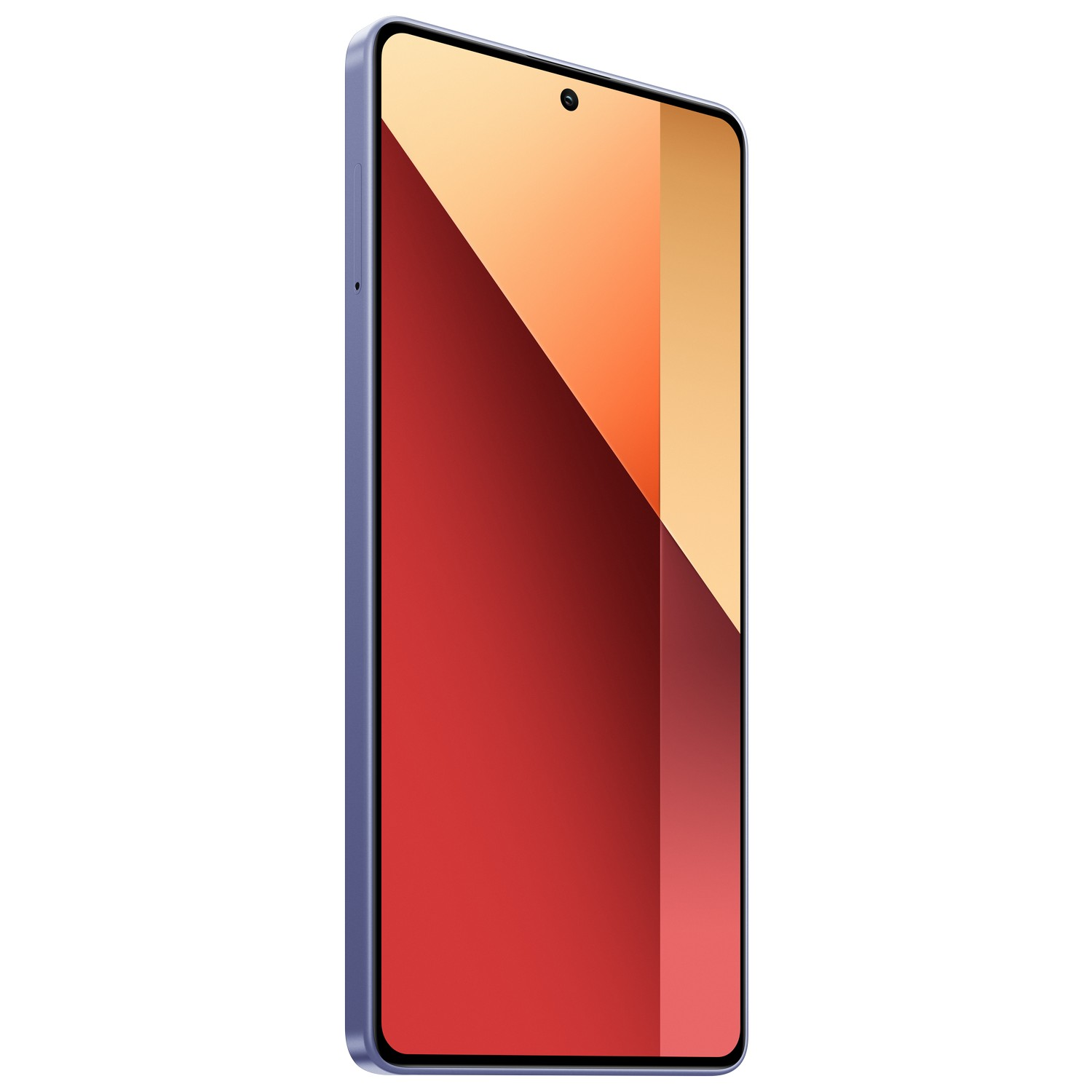 Een paarse telefoon met een rood en oranje scherm, op een witte achtergrond.