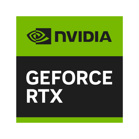 NVIDIA GeForce RTX Logo. Grüner und schwarzer Platz mit NVIDIA-Logo oben, GeForce RTX-Text unten.