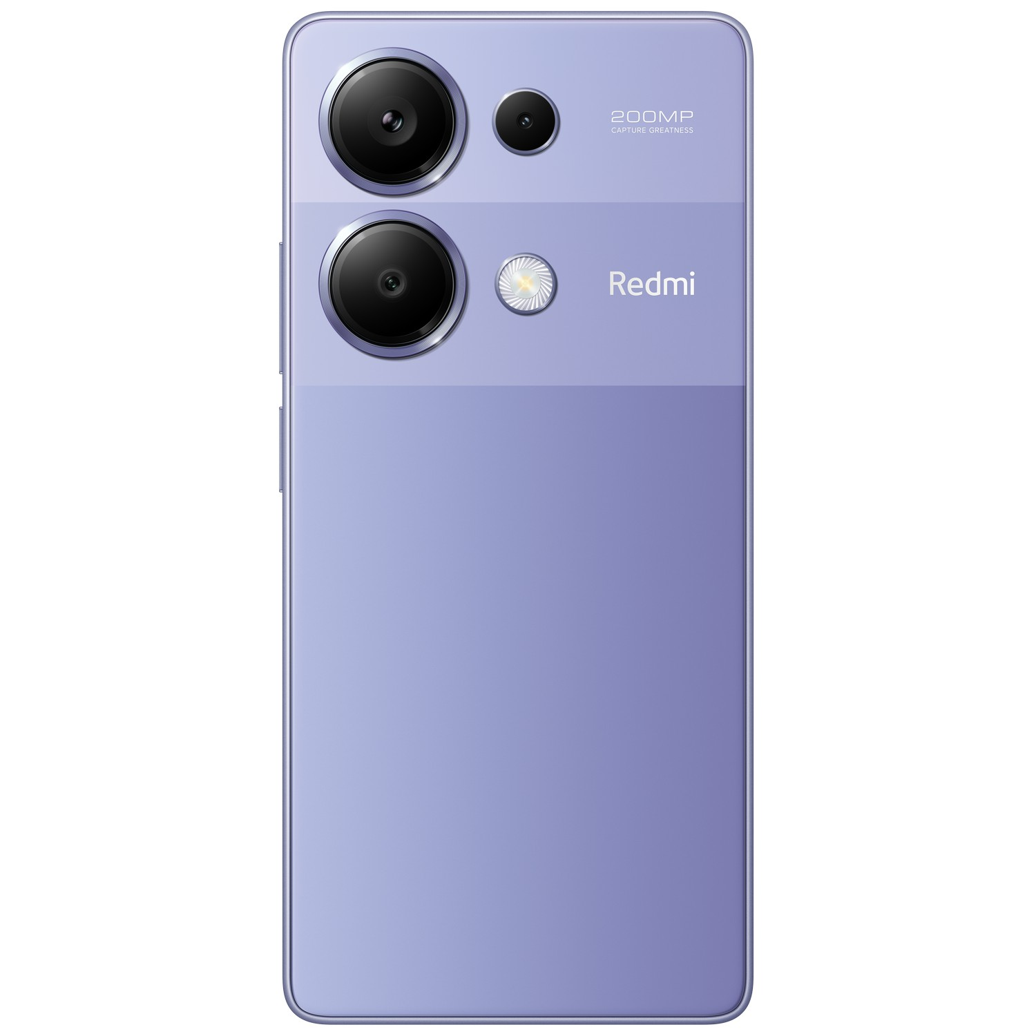 Paarse telefoon met drie camera's en een Redmi-logo.