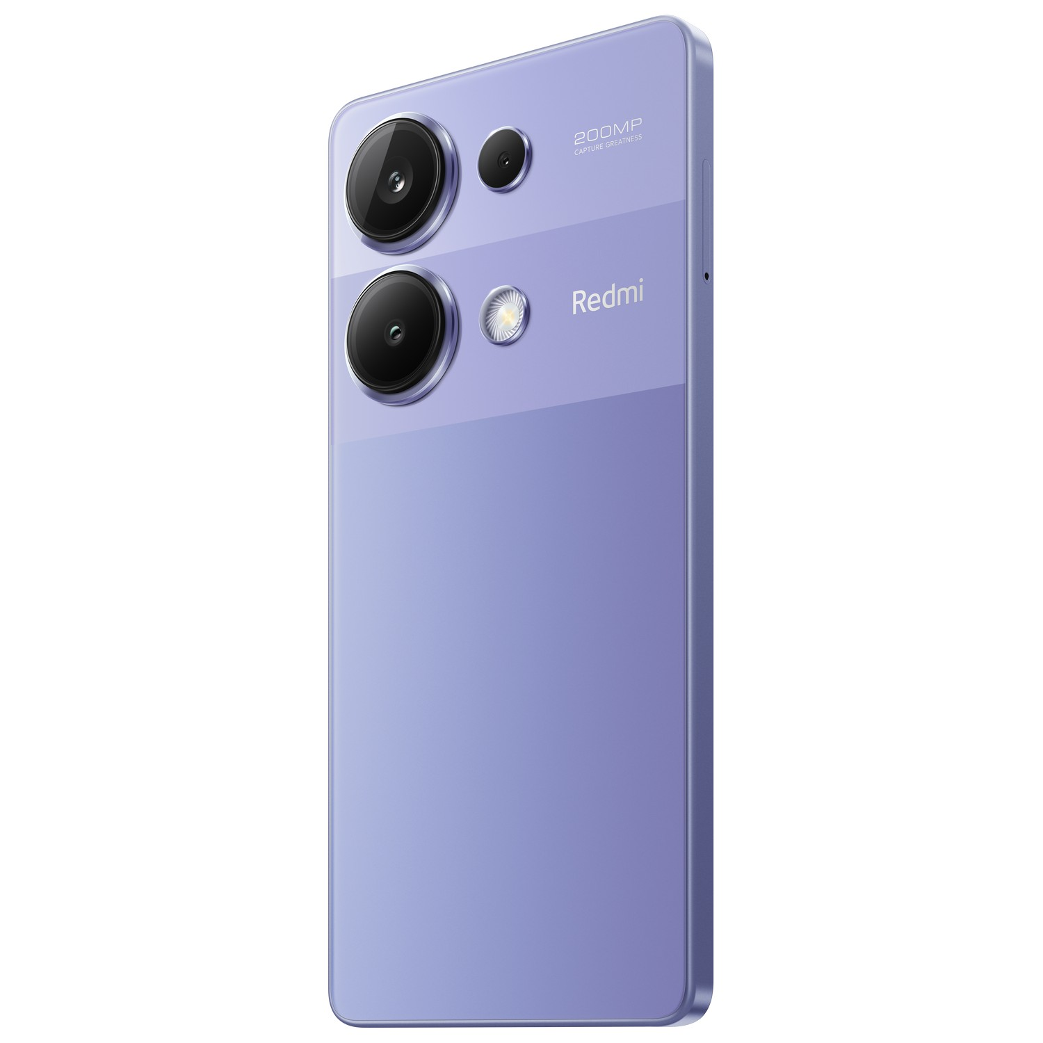 Paarse telefoon met drie camera's, wit Redmi-logo en cameraspecificaties.