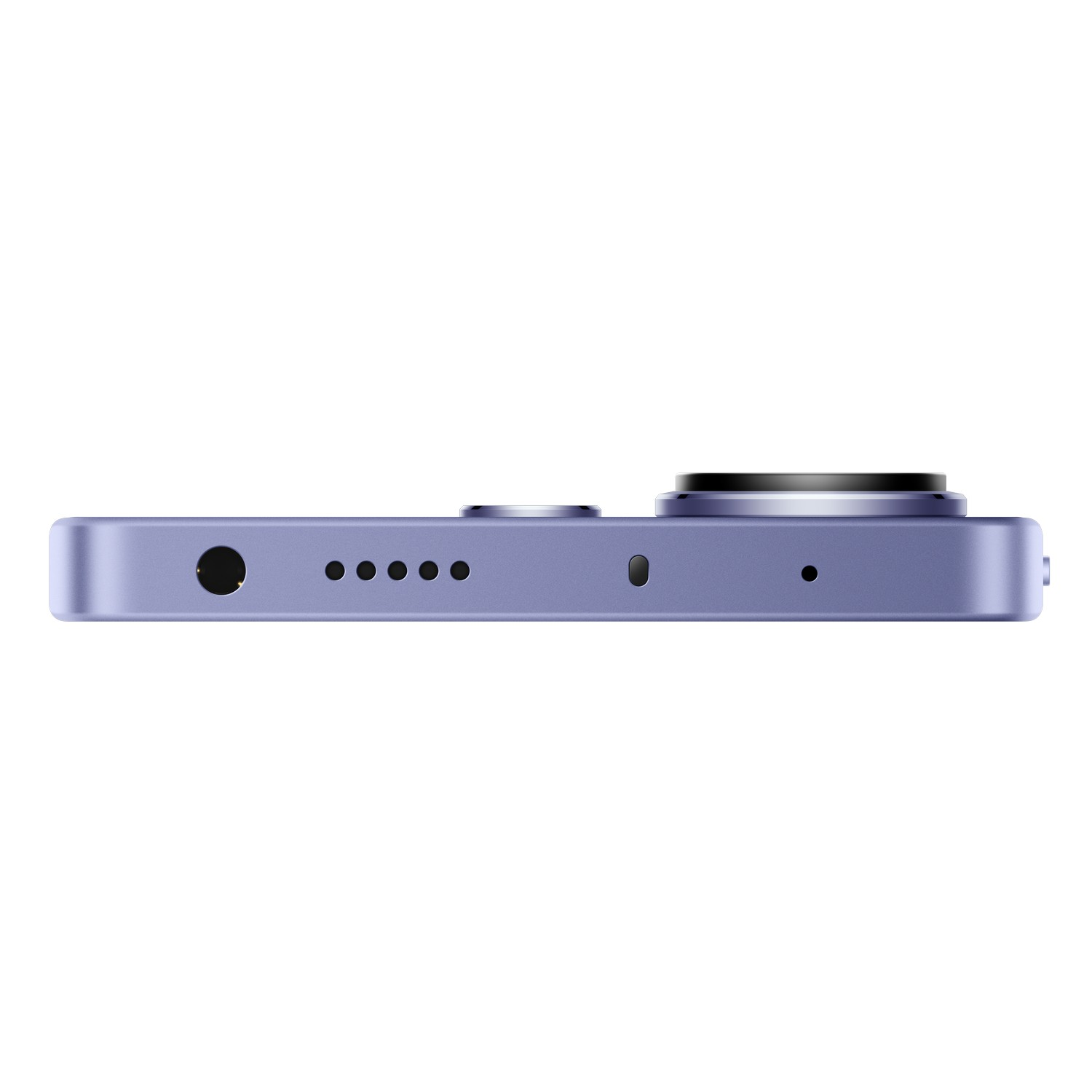 Zijprofiel van een paarse smartphone, met de cameralenzen, knoppen en poorten.