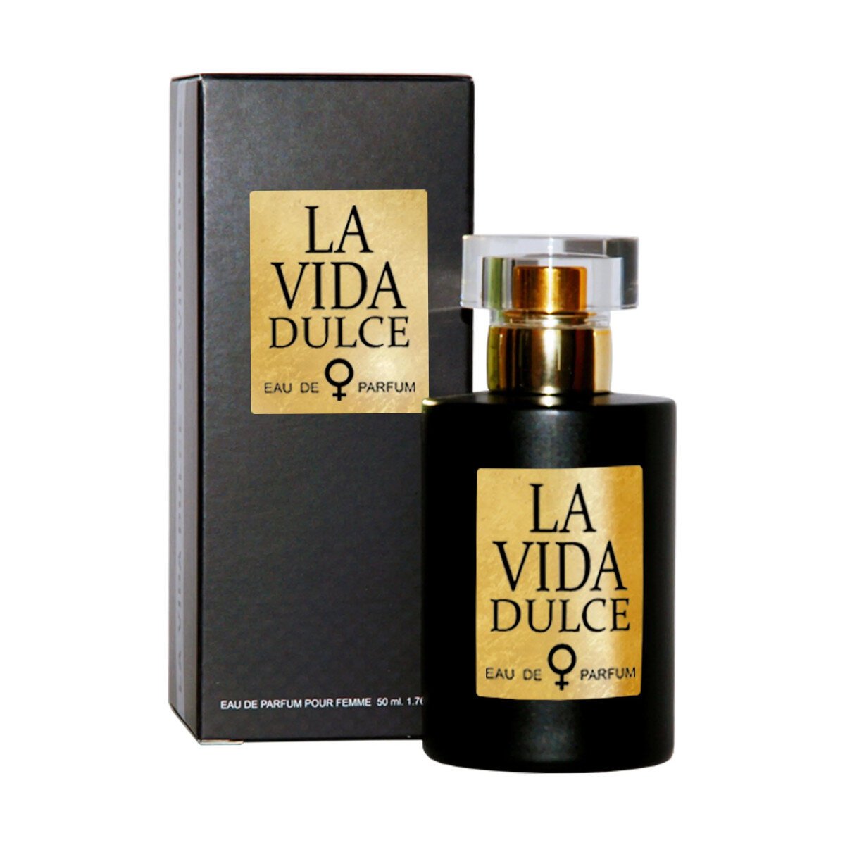 Czarny flakon perfum z złotą etykietą. Pudełko również czarne ze złotymi literami: La Vida Dulce.