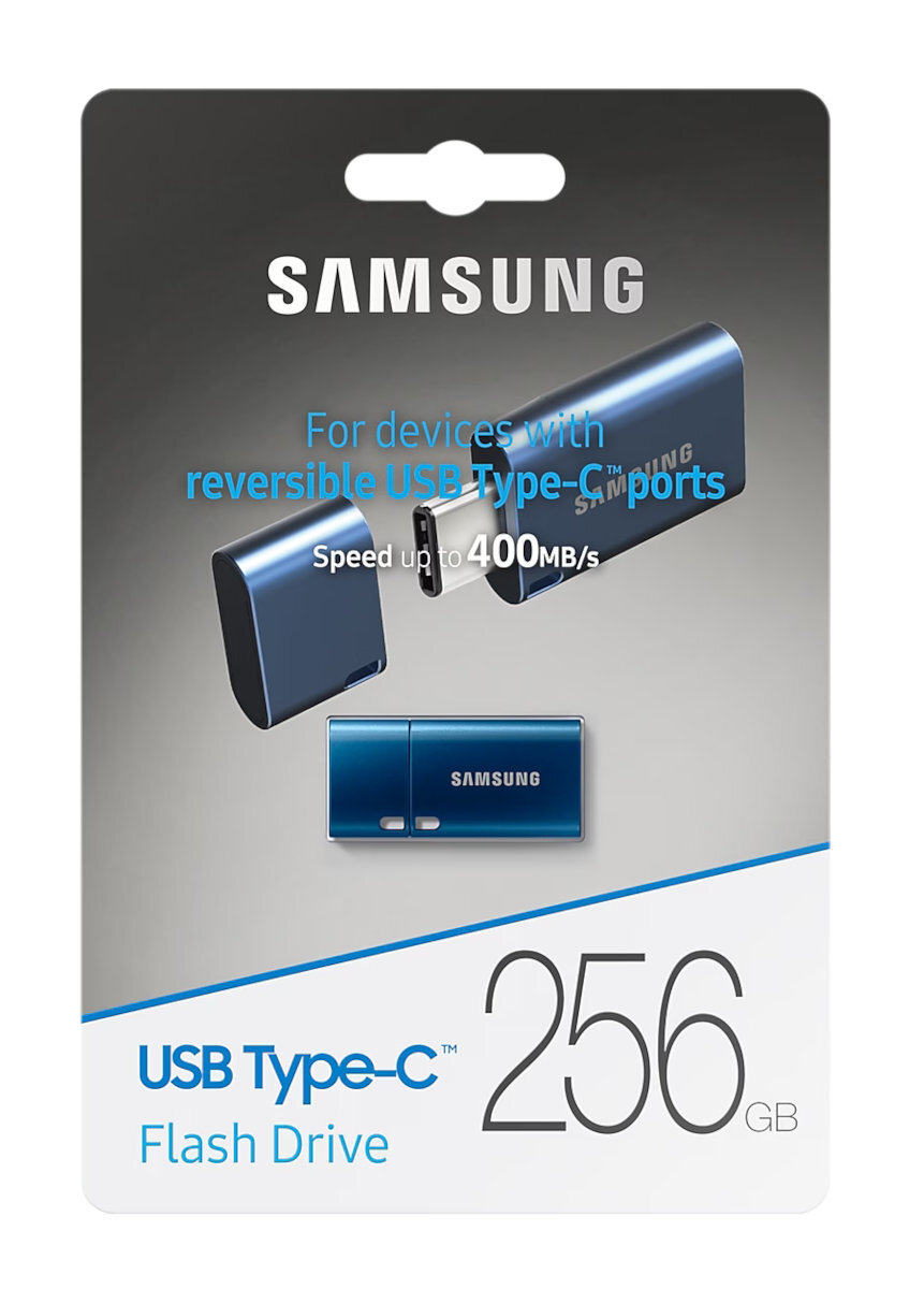 Dysk flash USB Type-C Samsung z opakowaniem, z niebieskimi tonami i tekstem.