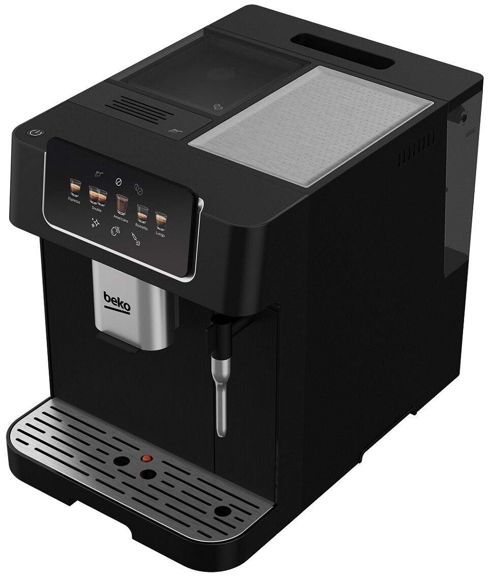 Czarny ekspres do kawy ze srebrnym wylewem i przyciskami, na białej powierzchni.