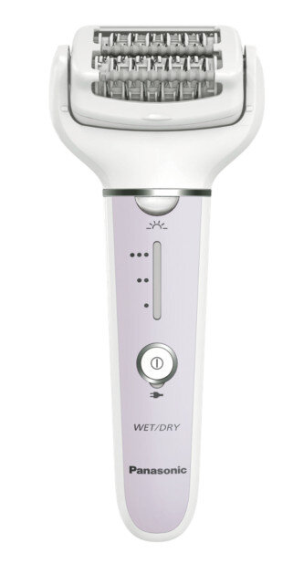Biały depilator Panasonic na mokro/sucho z fioletowym panelem.