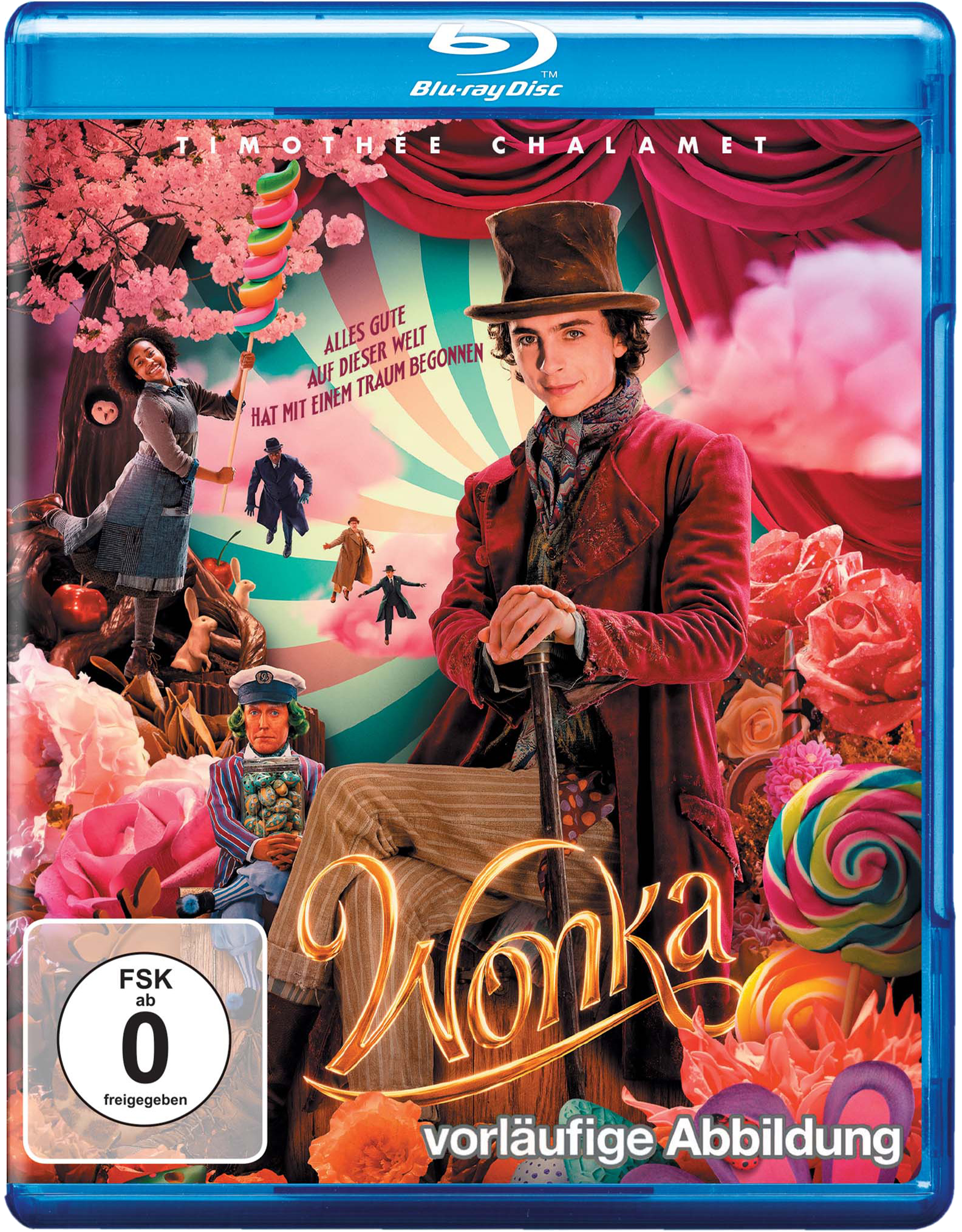 Blu-ray-Cover eines Films mit Timothée Chalamet, bunten Süßigkeiten und Text in mehreren Sprachen.