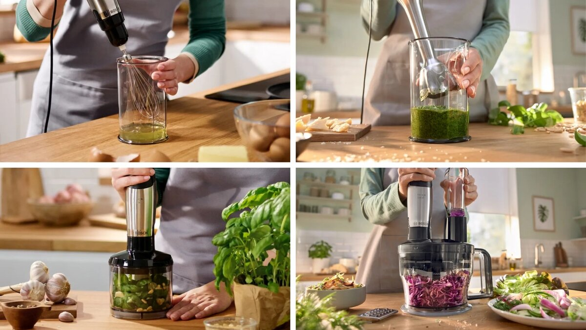 Cztery obrazy pokazujące użycie blendera ręcznego do różnych zadań przygotowywania żywności.