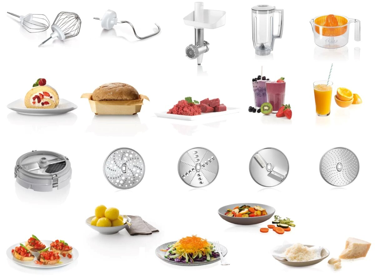 Różne akcesoria do urządzeń kuchennych i produkty spożywcze, ułożone na białej powierzchni.
