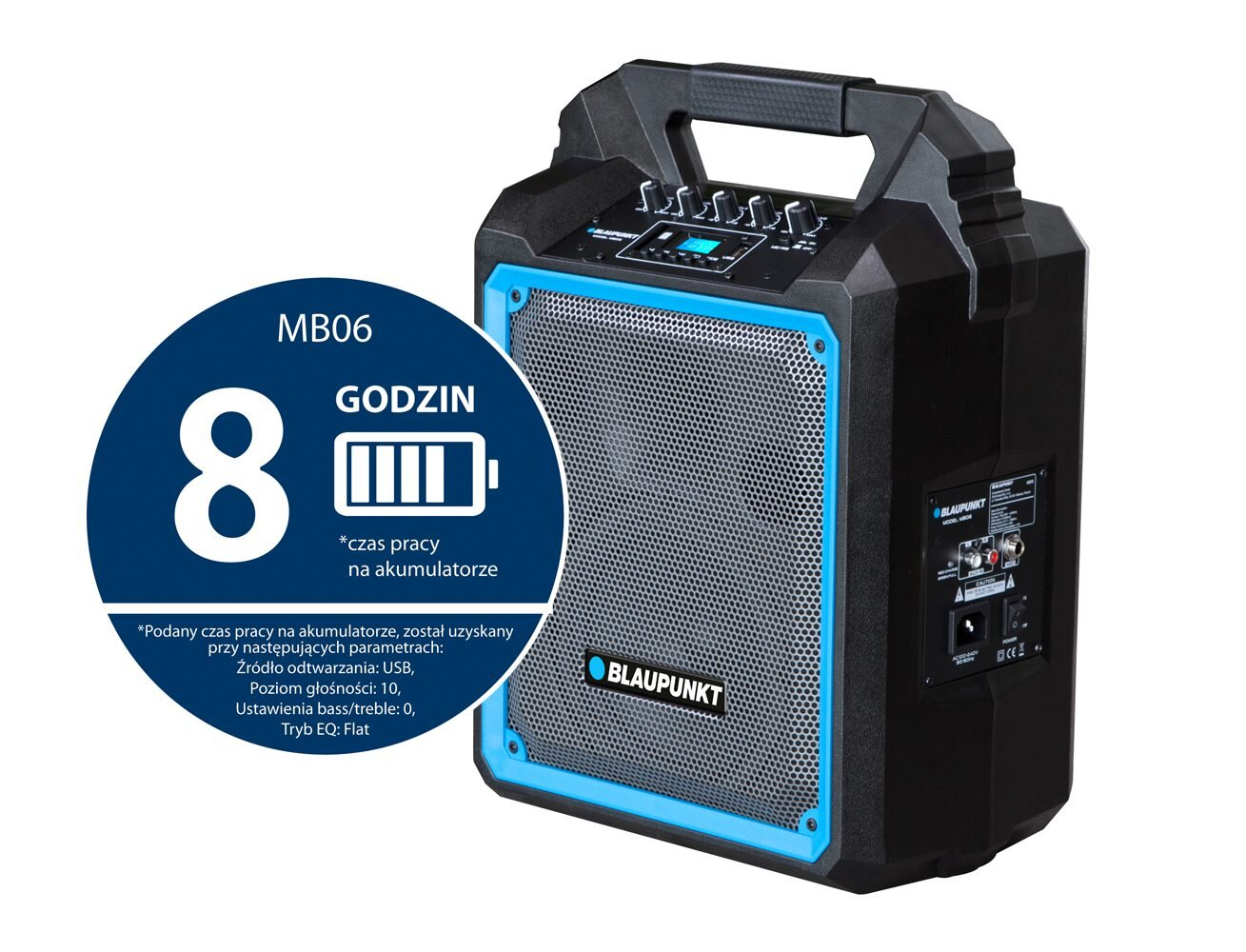 Czarny i niebieski głośnik z wskaźnikiem 8-godzinnego czasu pracy. Etykieta tekstowa: Blaupunkt.
