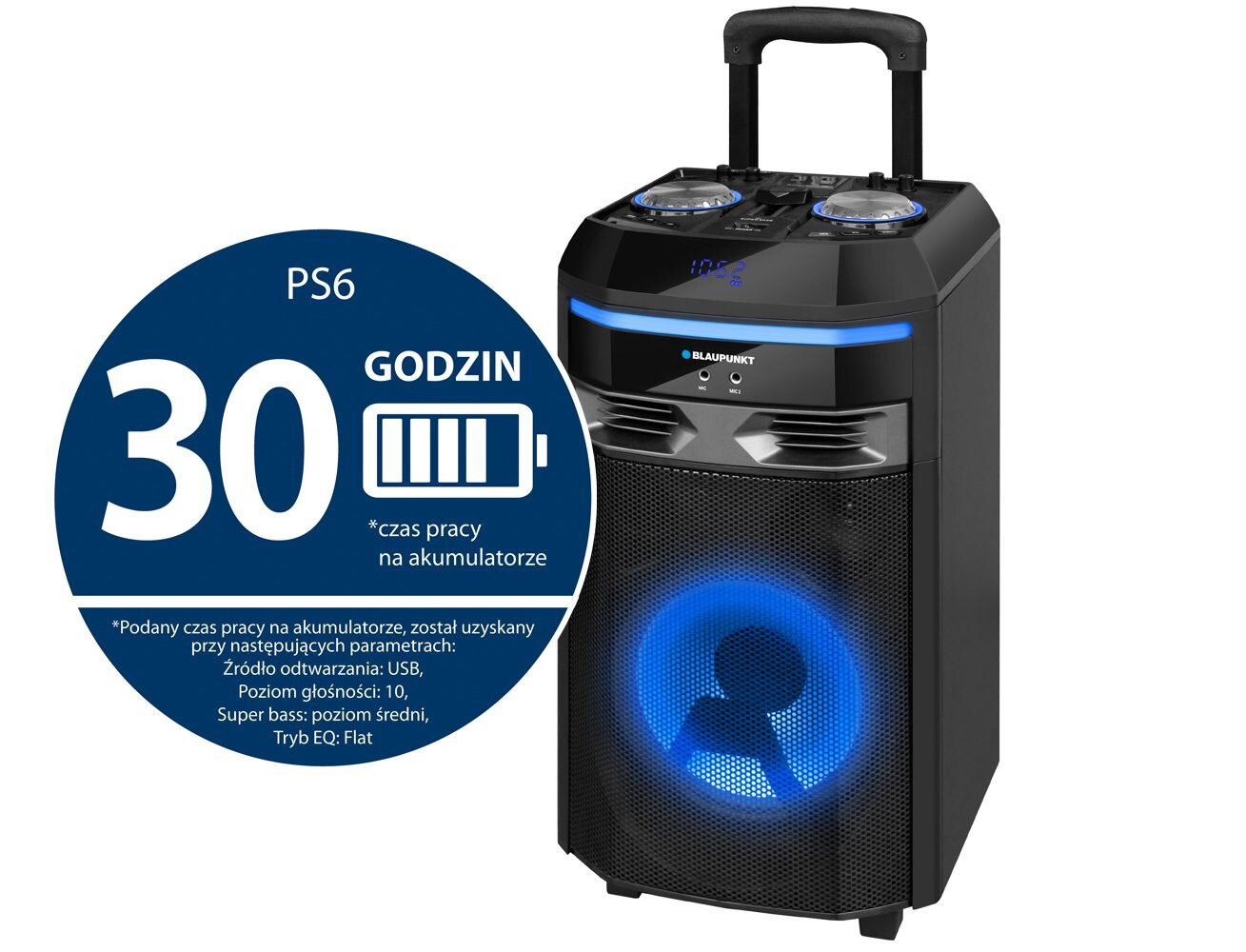 Czarny głośnik Blaupunkt z niebieskimi akcentami świetlnymi, wyświetlaczem cyfrowym i uchwytem.