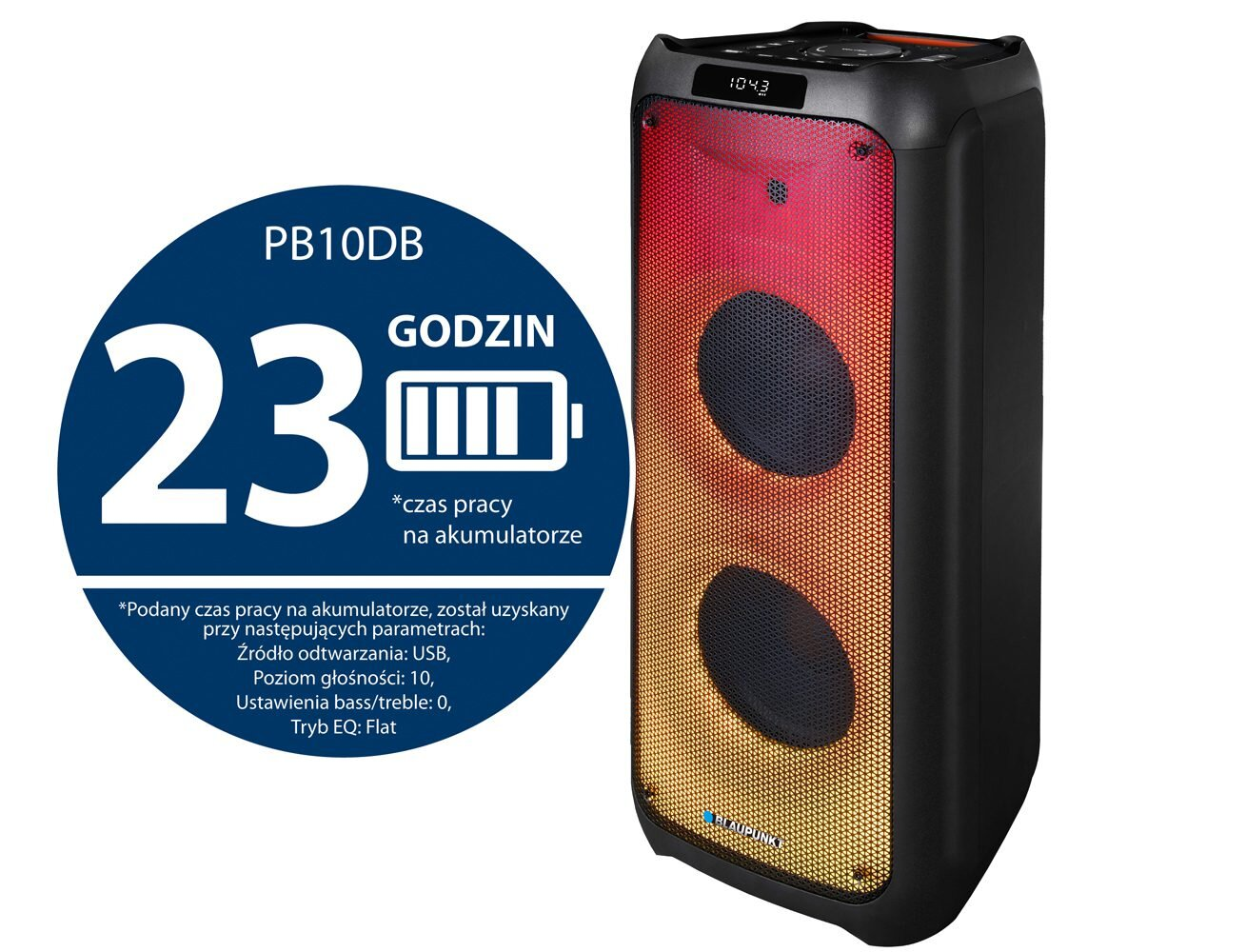 Czarny głośnik z kolorowymi światłami i wyświetlaczem żywotności baterii.