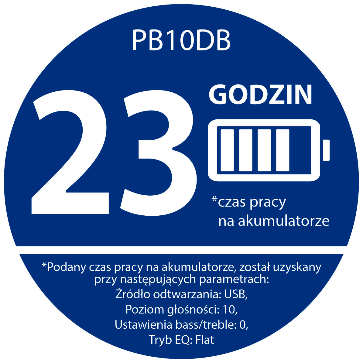 Niebieskie koło z białym tekstem i ikoną baterii. Pokazuje 23 godziny pracy.