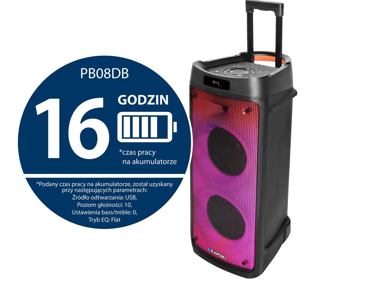 Czarny i czerwony głośnik z uchwytem i ikoną baterii. Ma 16 godzin.