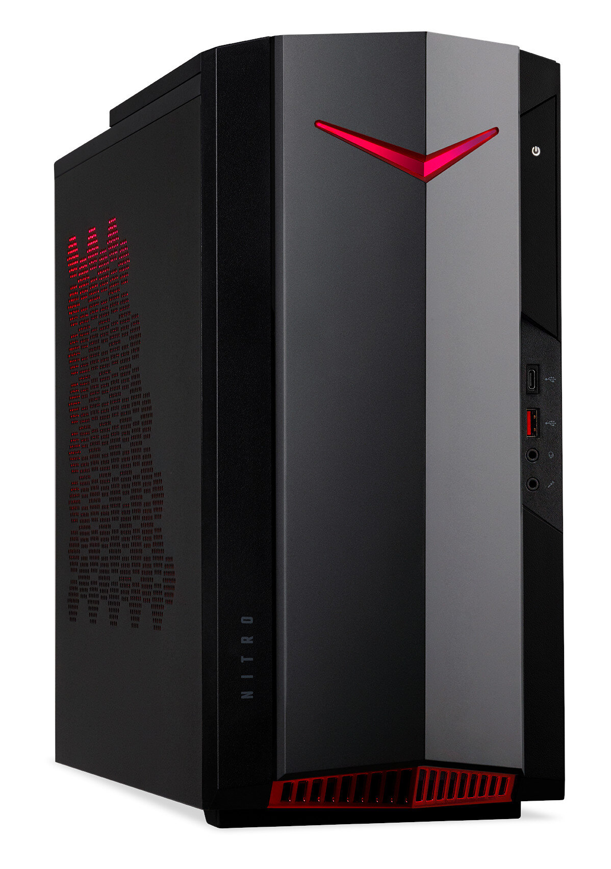 Czarna obudowa komputera Nitro z czerwonym akcentem.