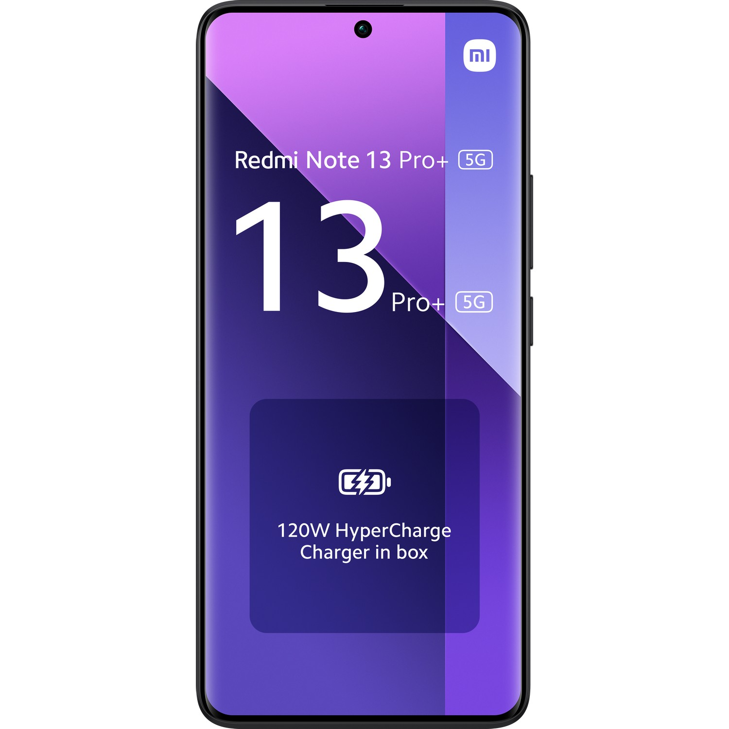 Xiaomi Redmi Note 13 Pro+ 5G telefoon. Het heeft een groot scherm en de oplader zit in de doos.