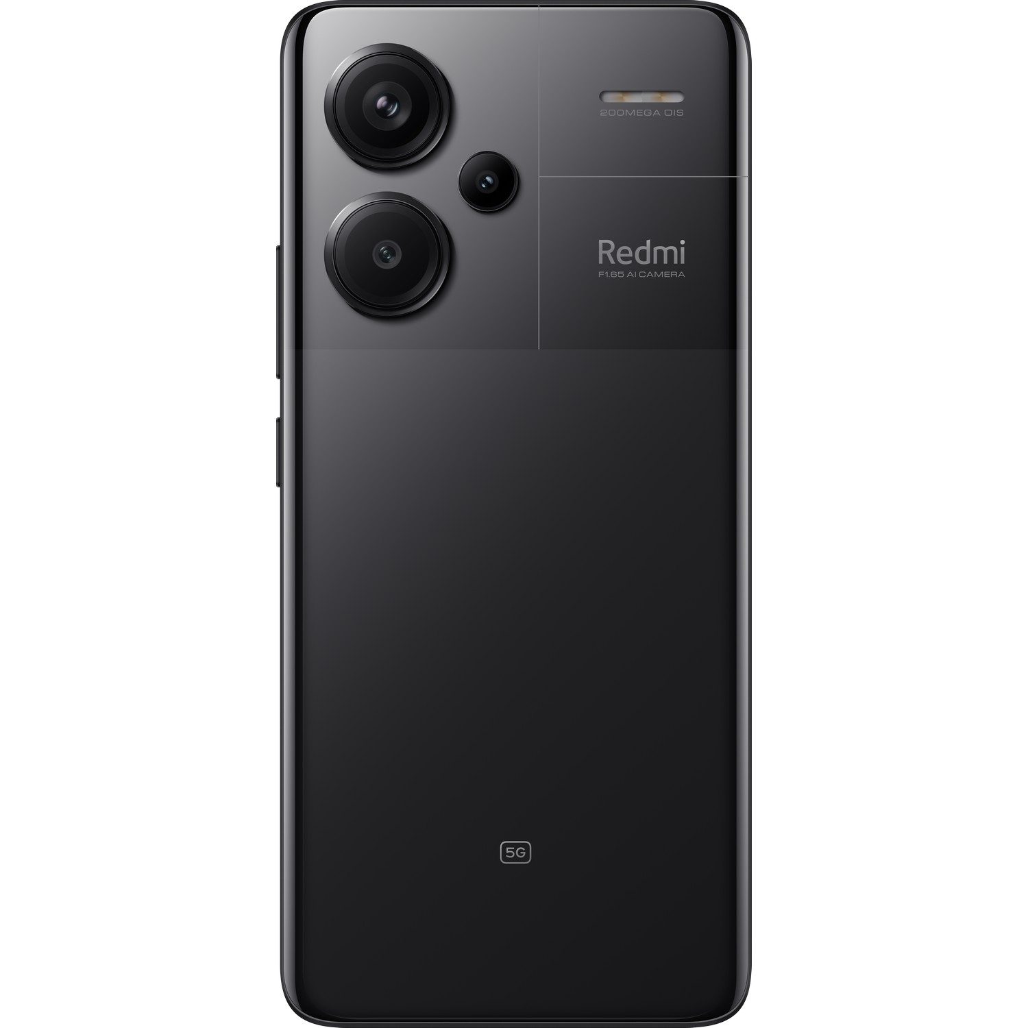 Zwarte telefoon met twee camera's, een Redmi-logo en het 5G-symbool.