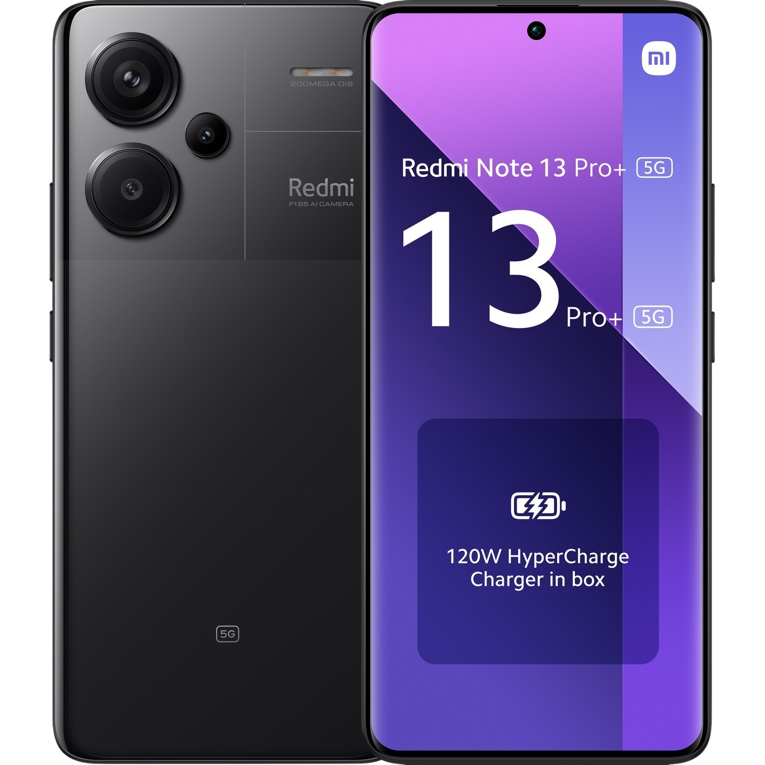Zwarte Redmi Note 13 Pro+ 5G telefoon. Toont achterkant en scherm met info.