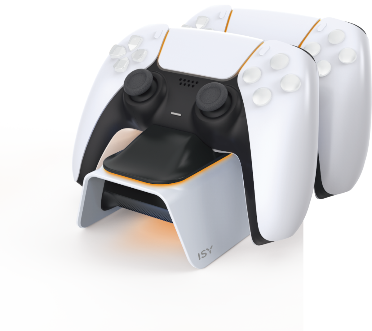 Két fehér Playstation 5 vezérlő egy fekete töltőállomáson, narancssárga fénnyel.