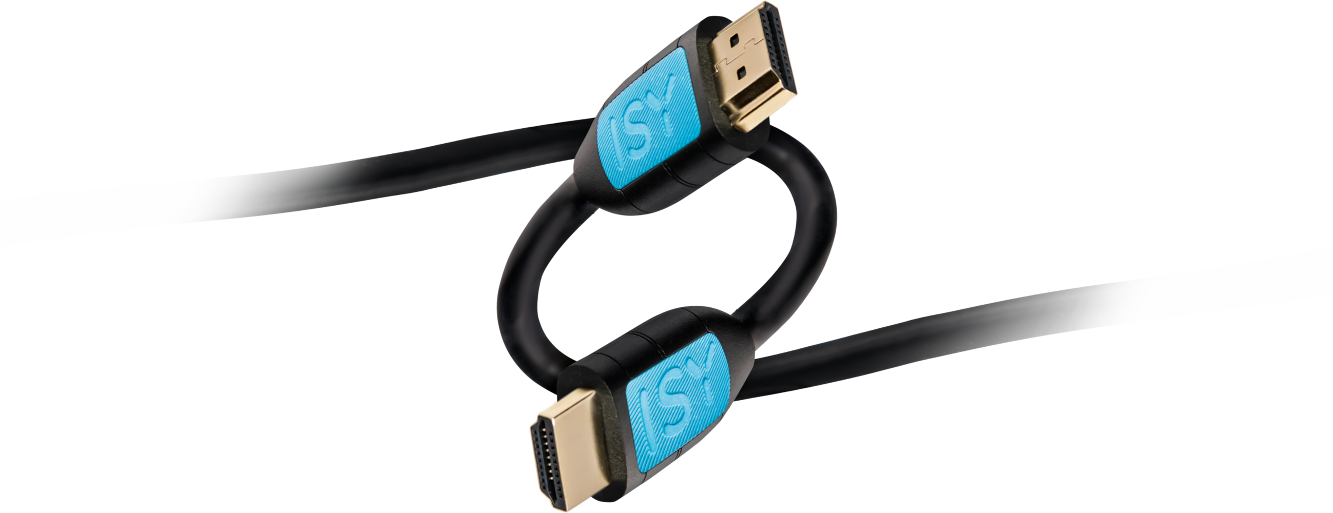 Két fekete HDMI-kábel kék és arany csatlakozókkal, nyolcas alakban elrendezve.