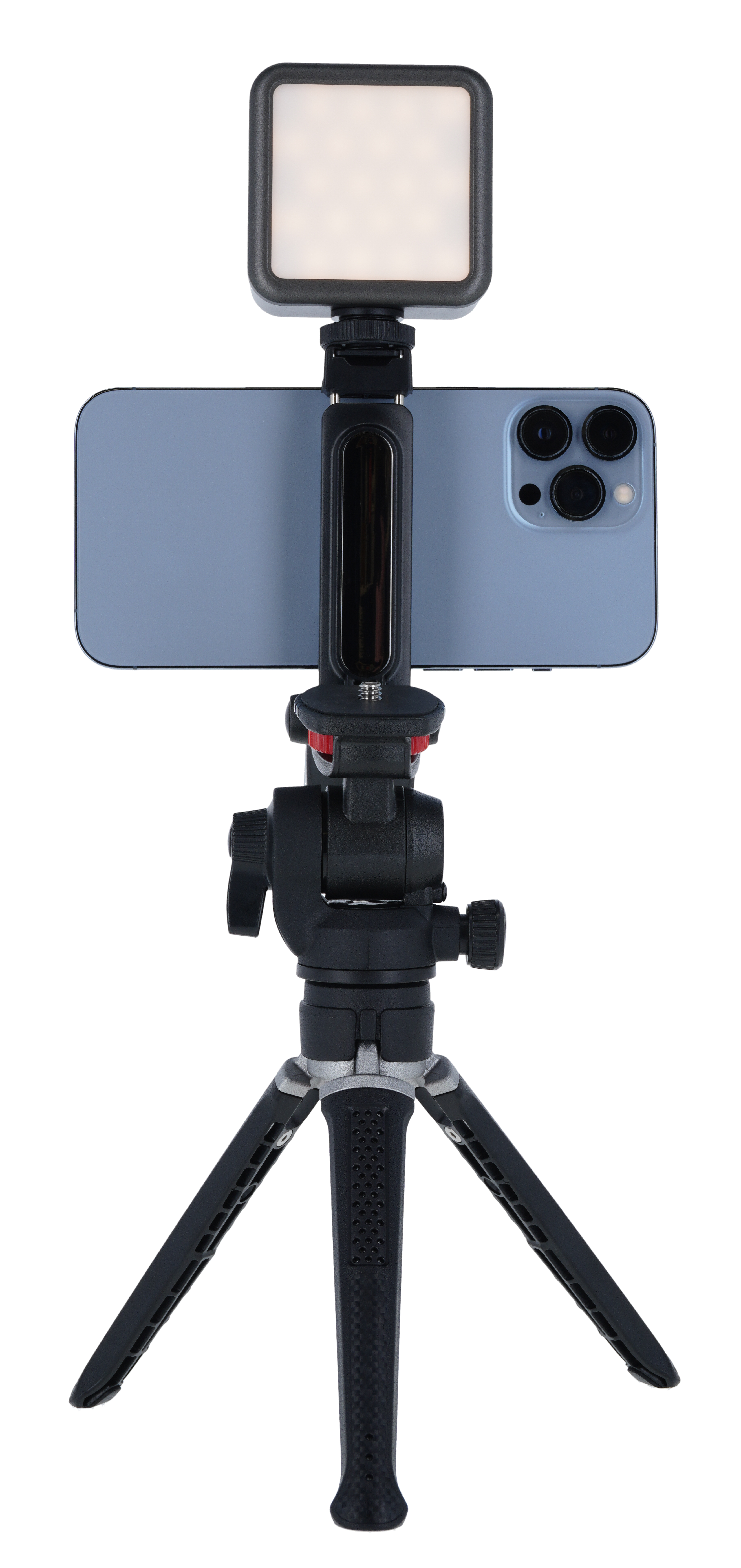 Ein Smartphone auf einem Stativ mit angebrachter Leuchte für Videos oder Fotos.