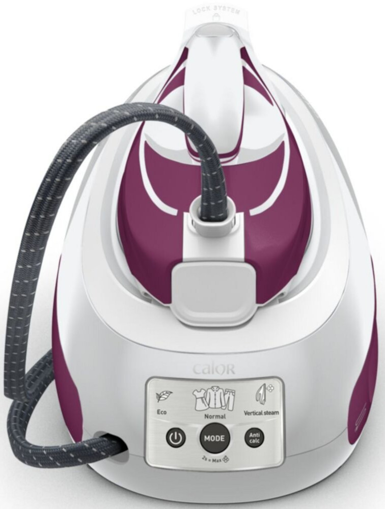 Générateur de vapeur blanc et violet. Il possède un tuyau noir, un panneau de commande avec des réglages et un bouton d'alimentation. La marque est Calor.