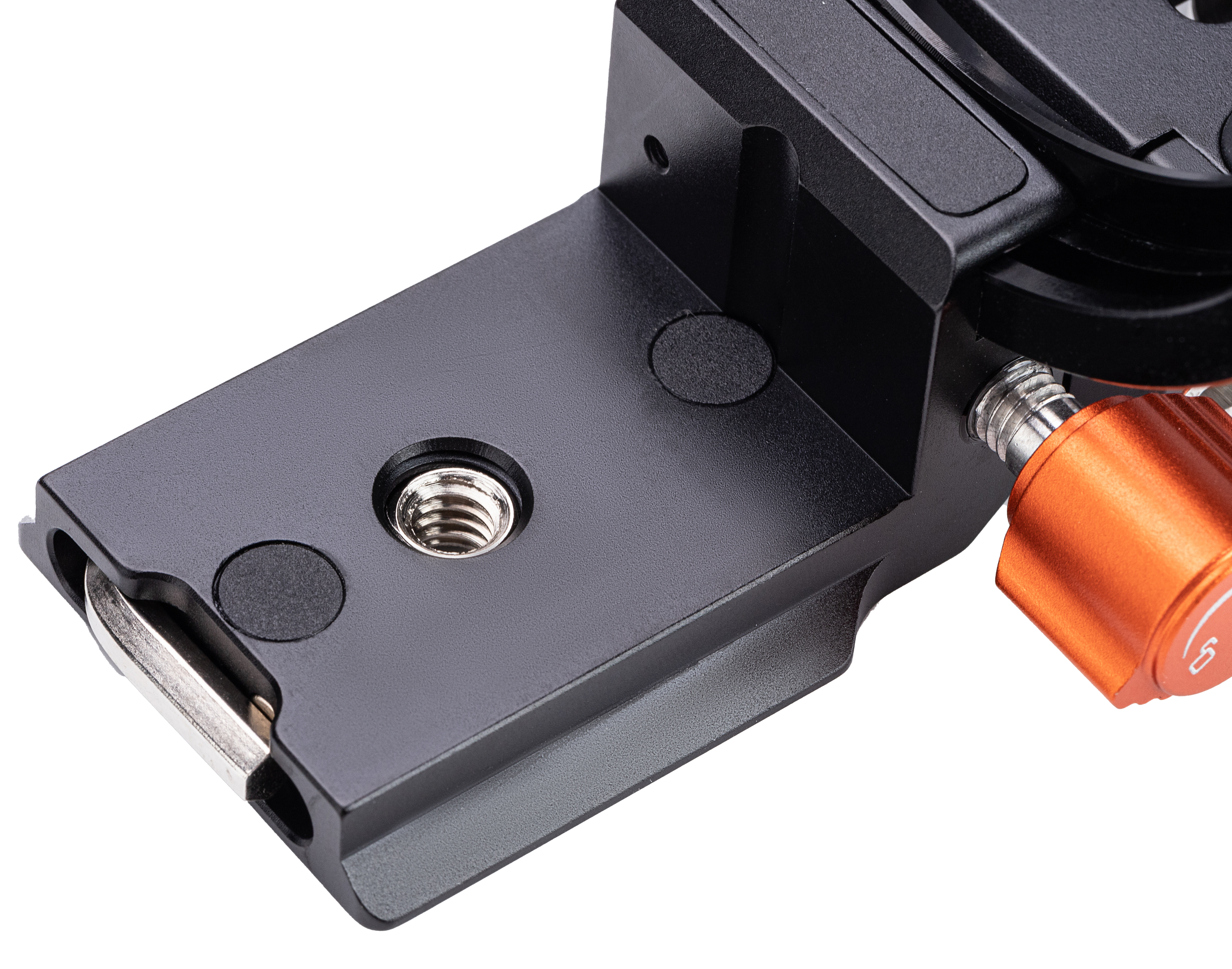 Stativplatte, Metall, mit Gewinde und orangefarbenem Drehknopf.