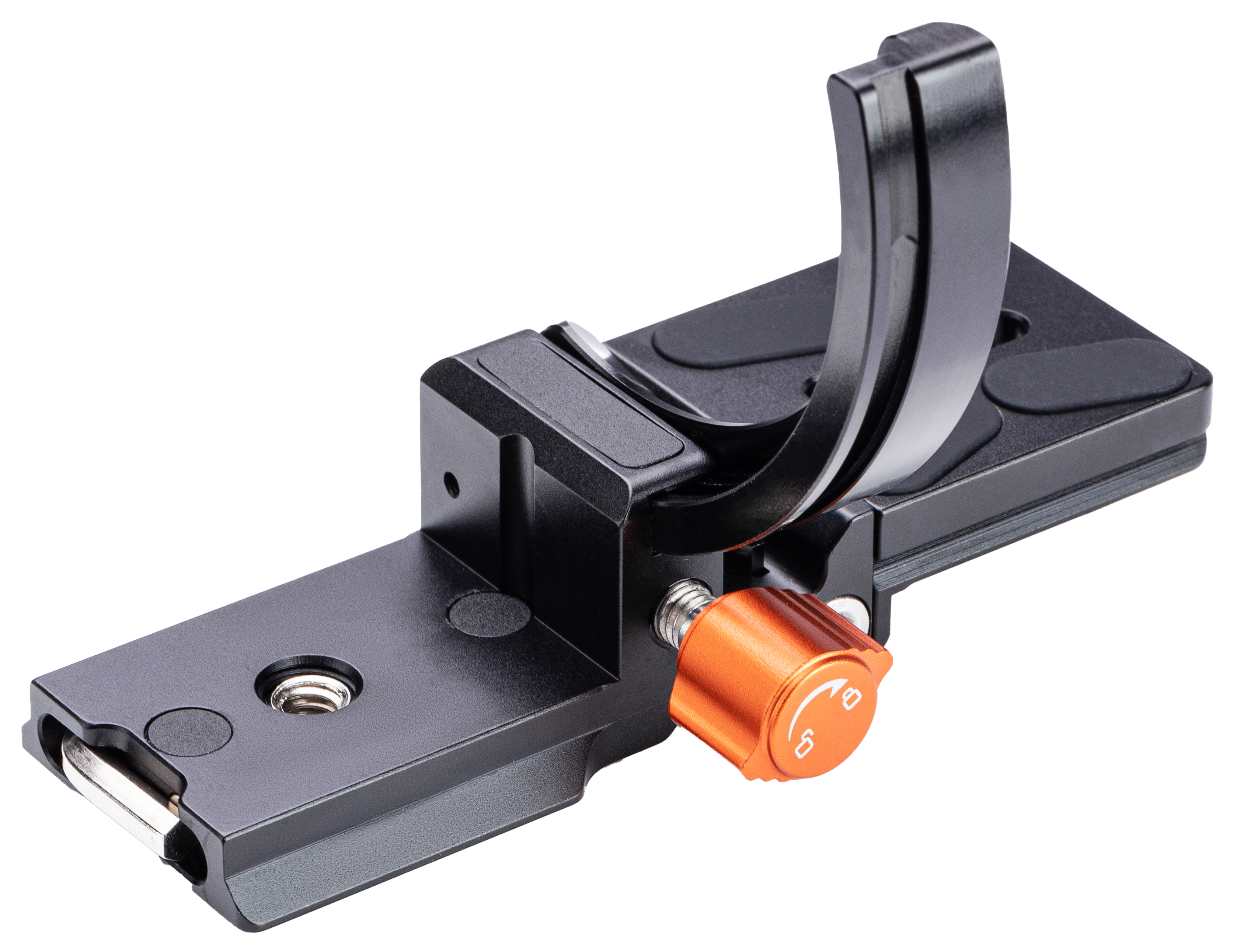 Eine schwarze Kameraplatte mit orangefarbenem Knopf und Montagehardware.