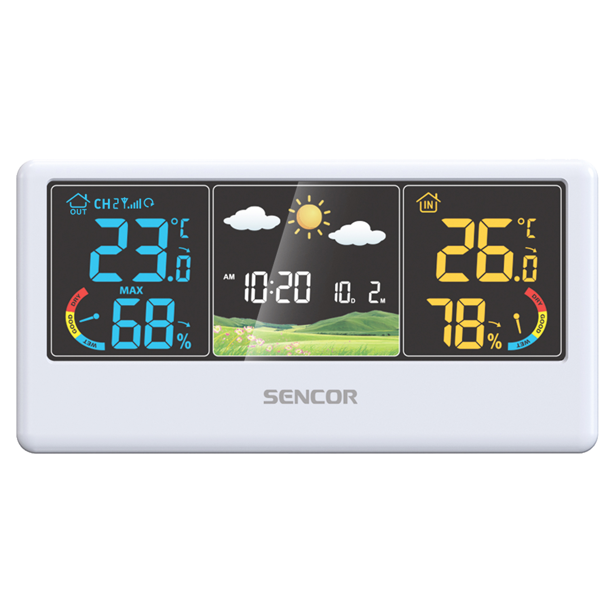 Fehér időjárás-állomás, amely a hőmérsékletet, a páratartalmat és az időt mutatja. A kijelző tiszta.