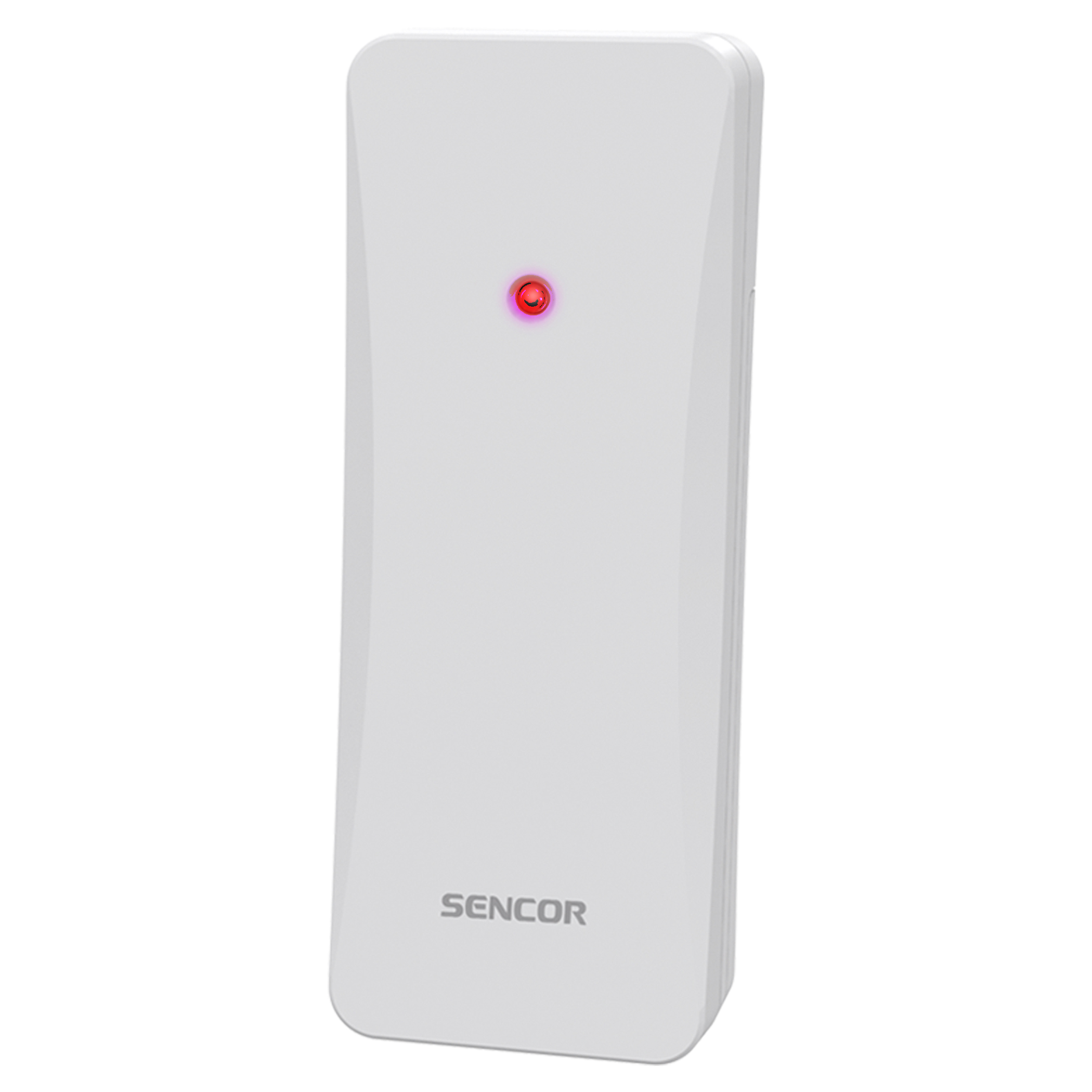 Egy fehér Sencor eszköz piros fénnyel. Az eszköz téglalap alakú és álló helyzetben van.
