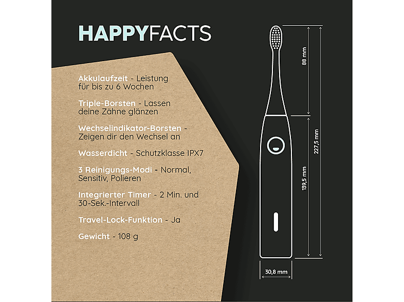 happybrush Eco VIBE 3 Schallzahnbürste + 4 Aufsteckbürsten Schwarz/Mint — Foto 4 von 5