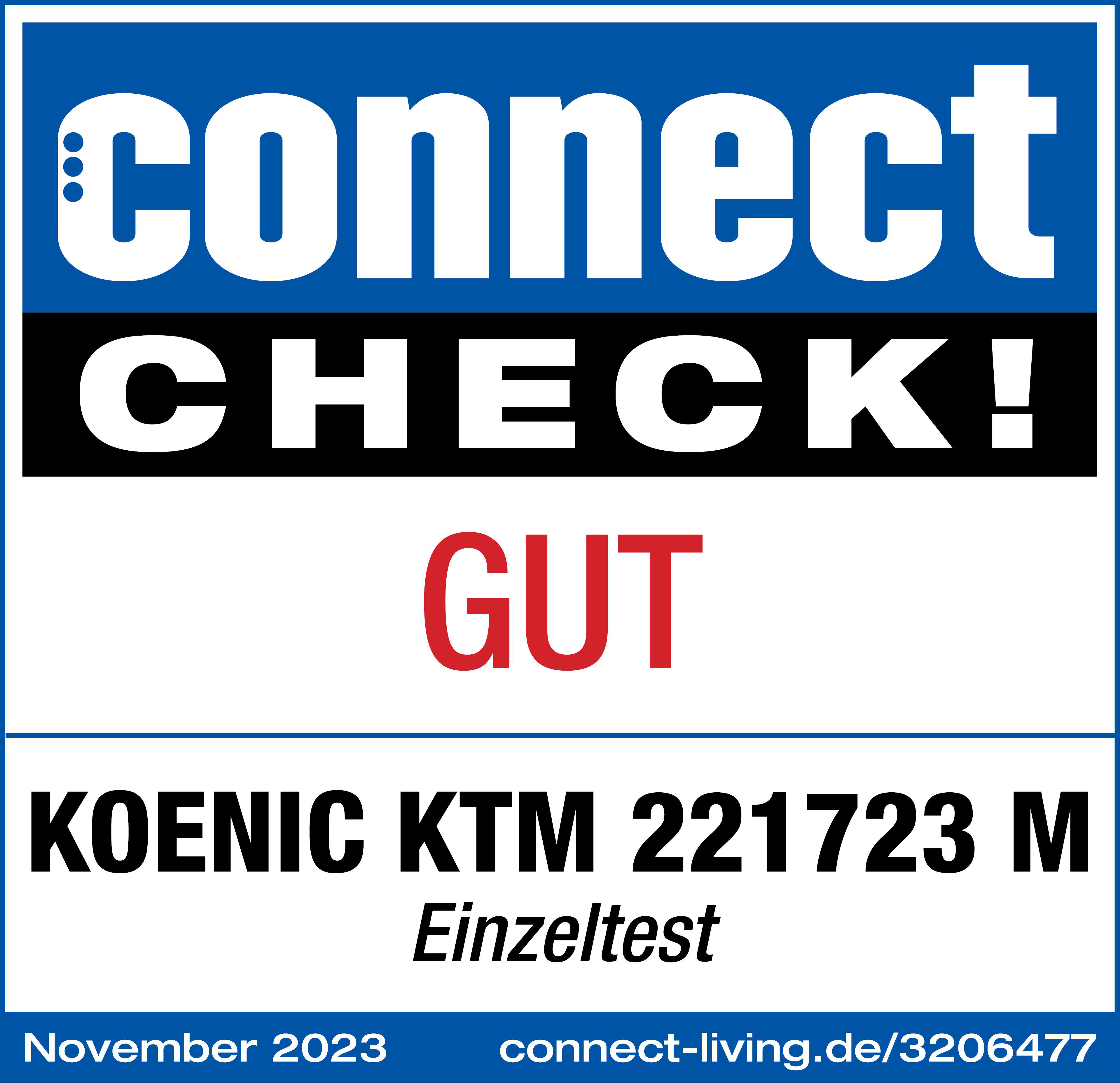 Connect Check!-Aufkleber mit dem Text GUT und den Koenic-Modellinformationen.
